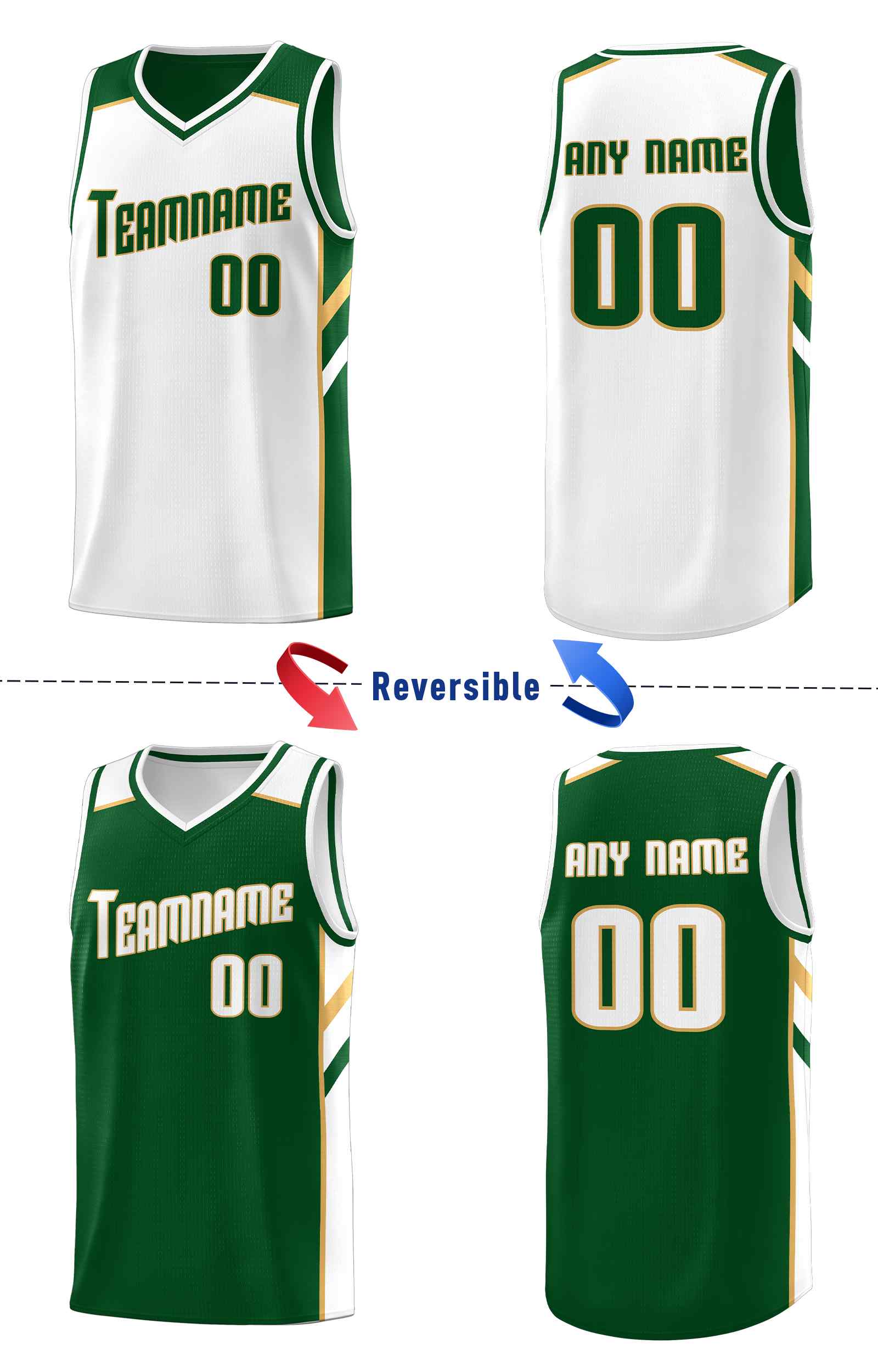 Le double côté blanc vert personnalisé définit le maillot de basket-ball pour hommes