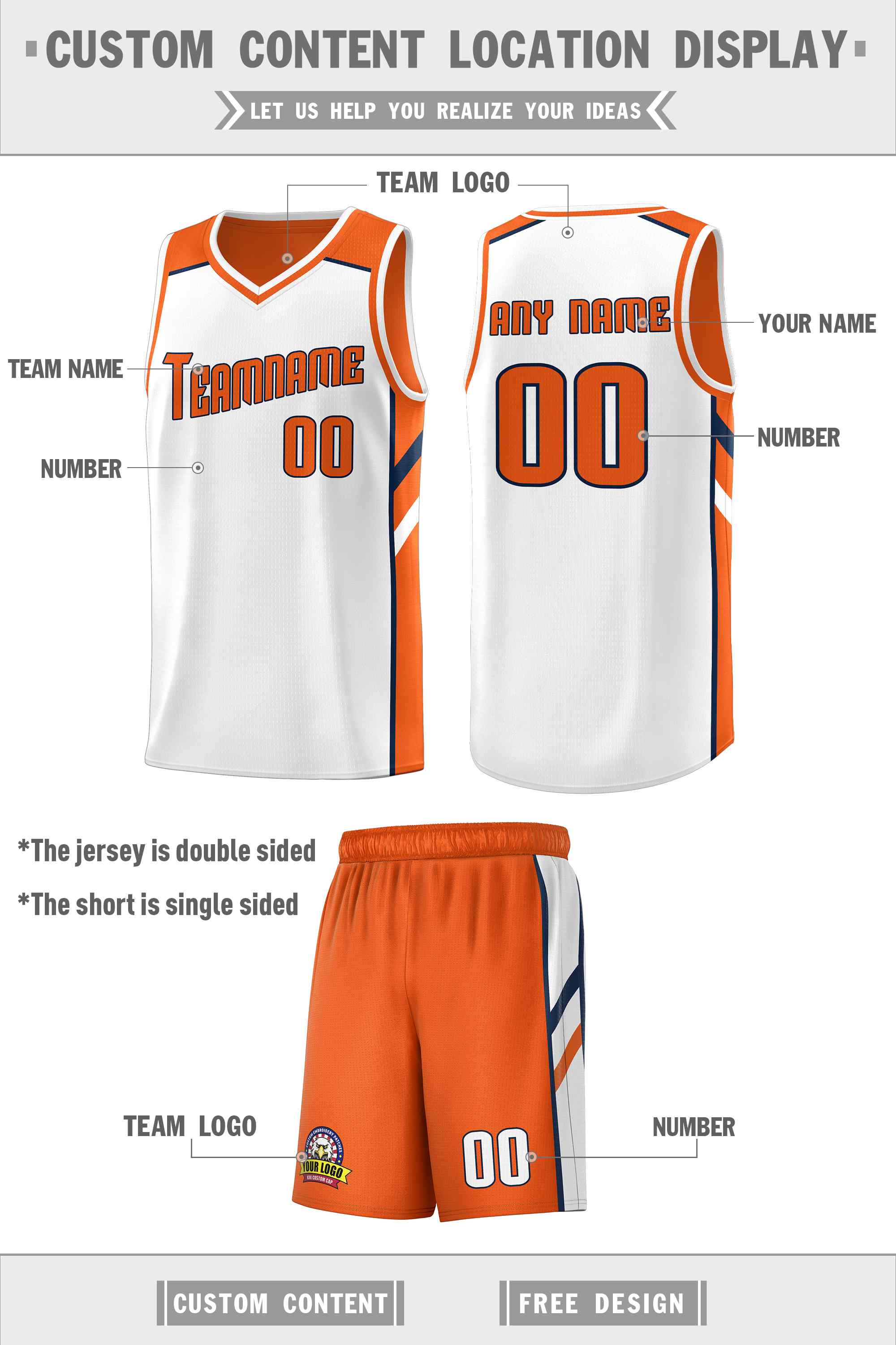 Le double côté blanc orange fait sur commande place le maillot de basket-ball des hommes