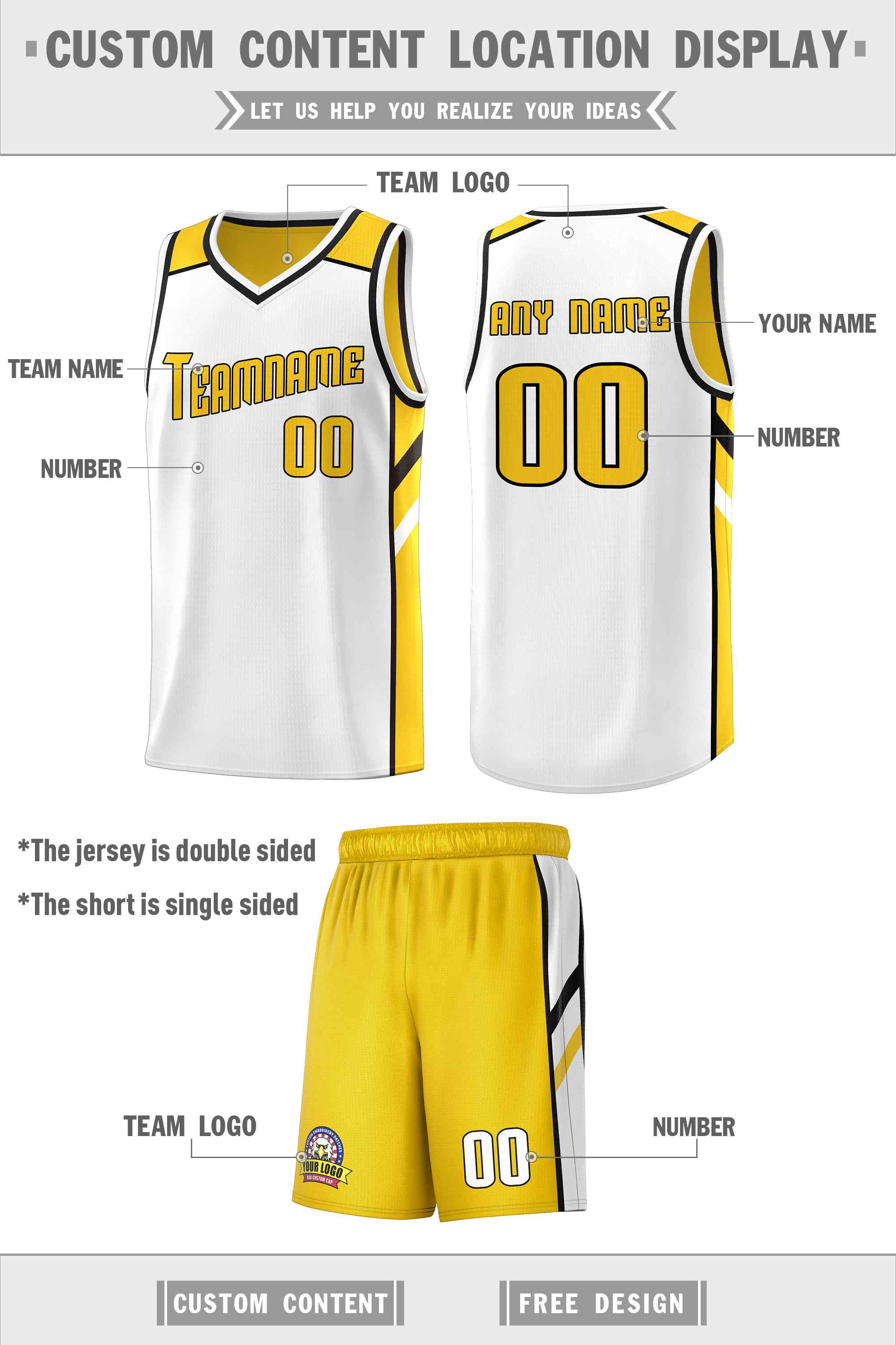 Le double côté blanc jaune fait sur commande place le maillot de basket-ball des hommes