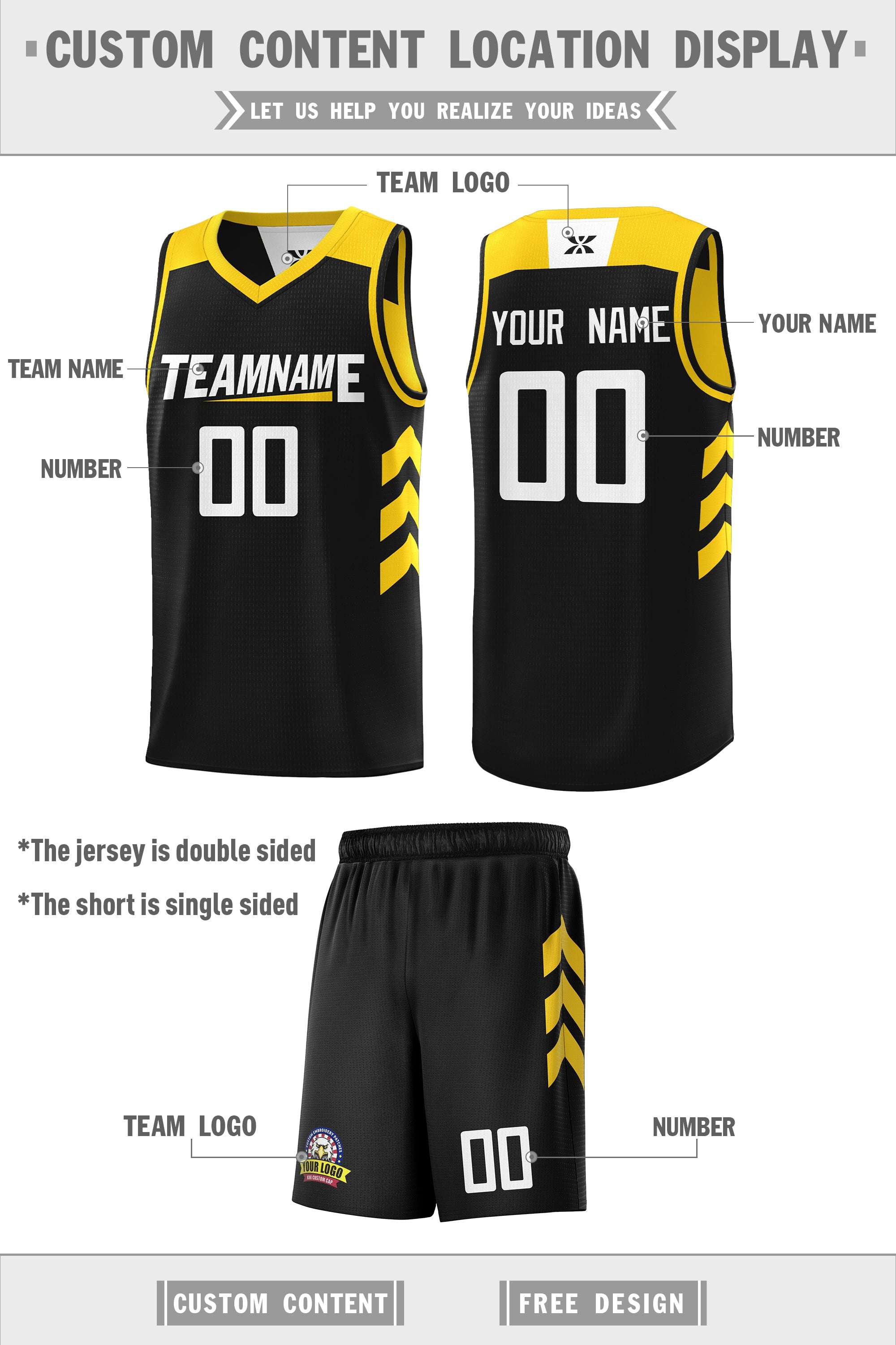 Le double côté jaune noir fait sur commande place le maillot de basket-ball personnalisé