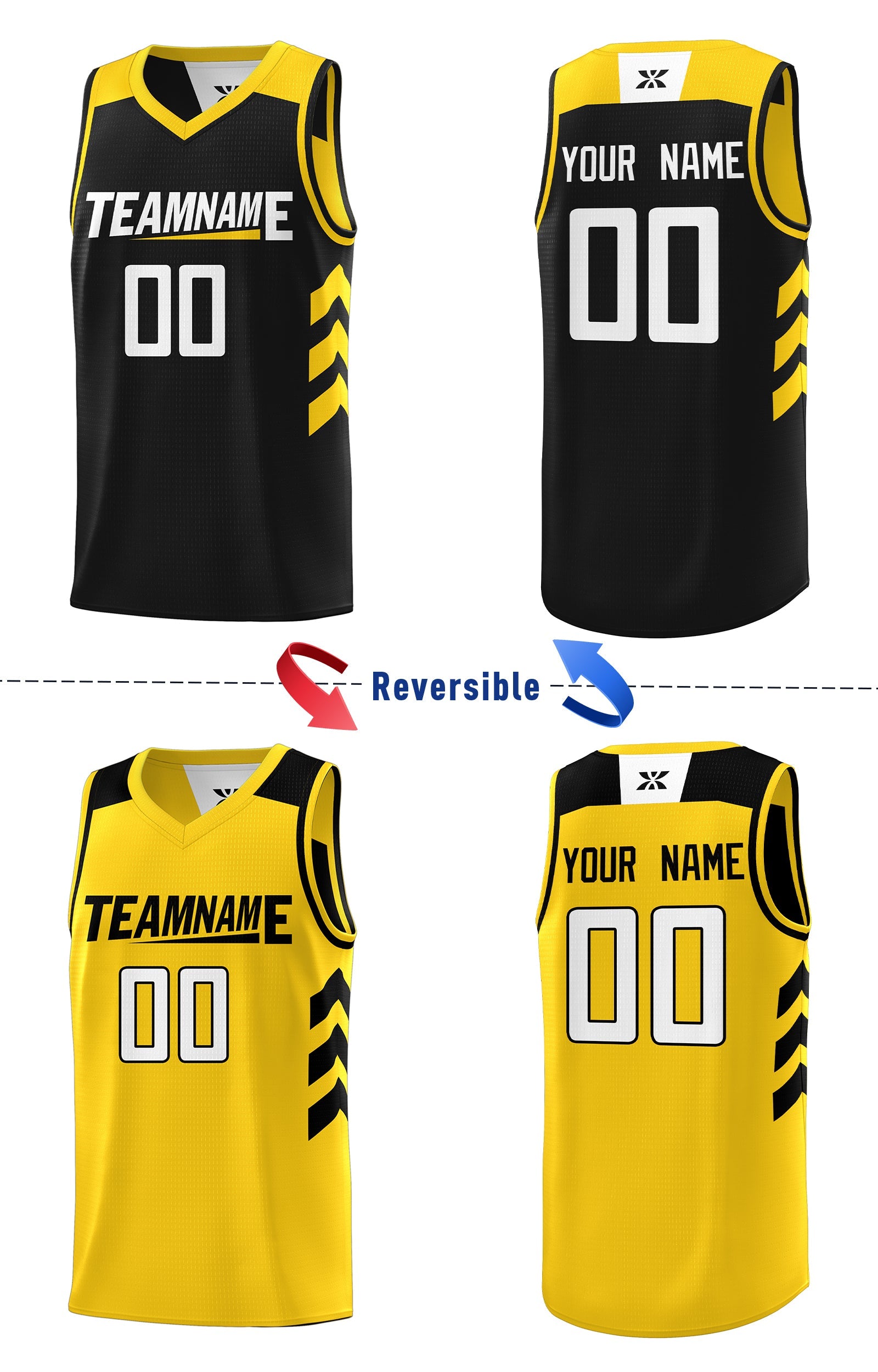 Le double côté jaune noir fait sur commande place le maillot de basket-ball personnalisé