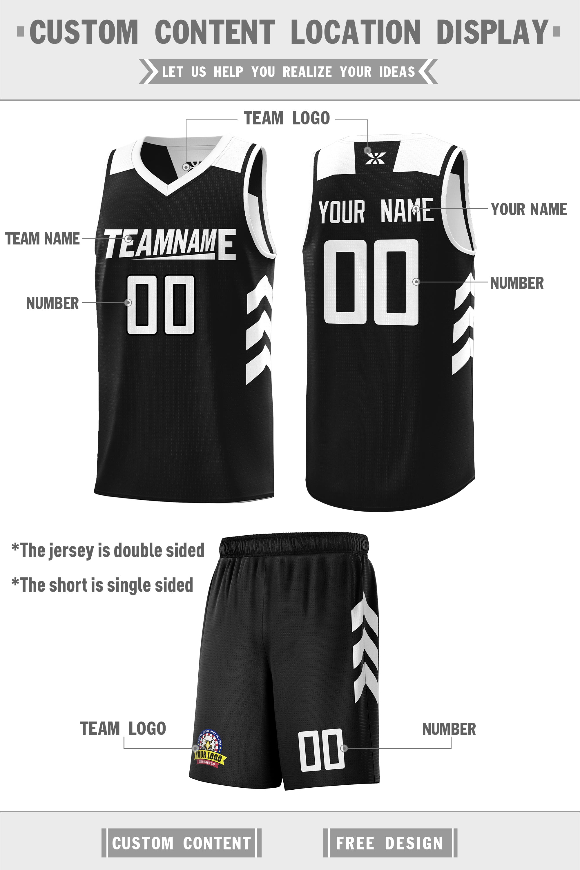 Ensembles doubles latéraux noirs et blancs personnalisés, maillot de basket-ball personnalisé