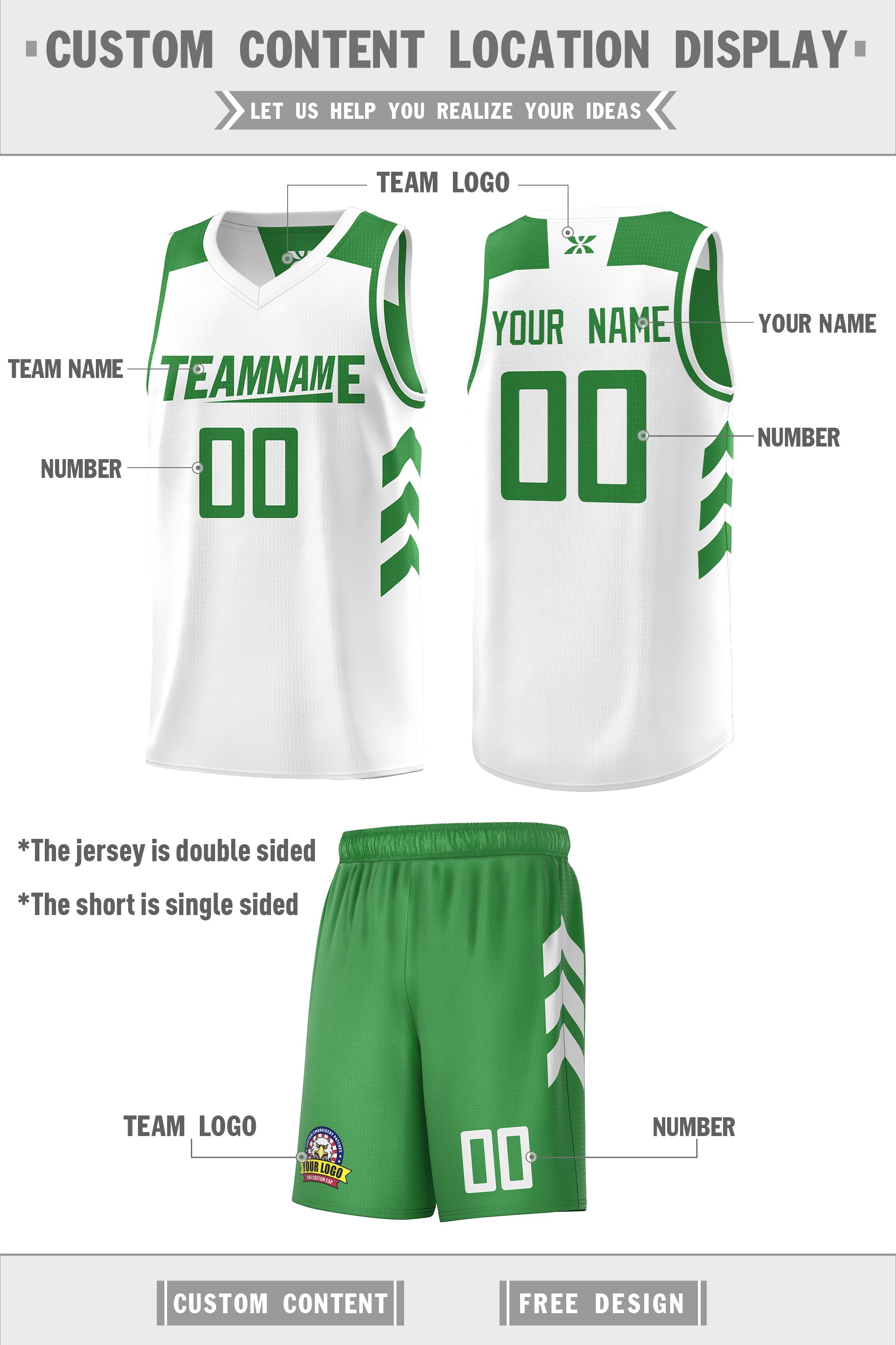 Le double côté blanc vert personnalisé définit un maillot de basket-ball personnalisé