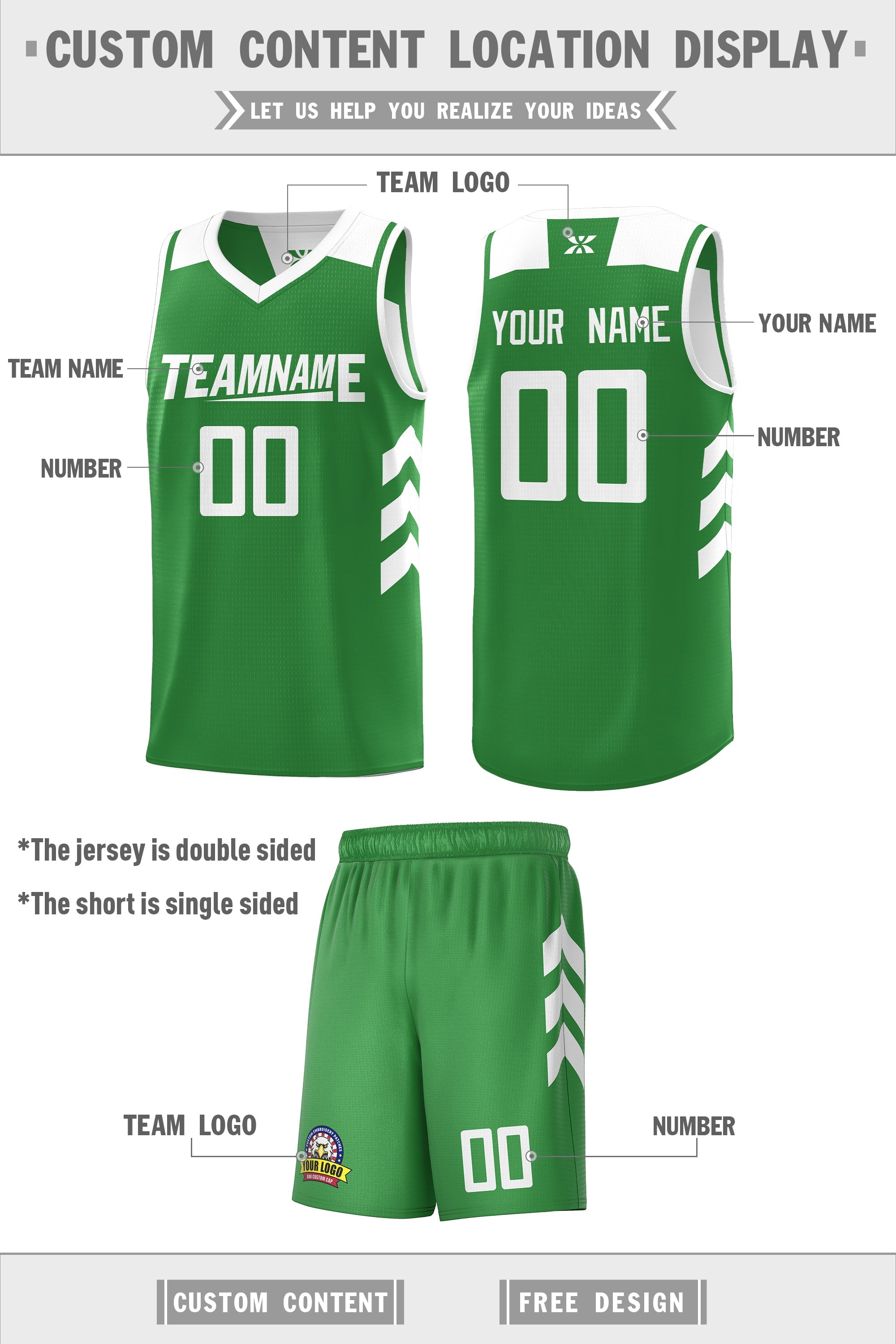 Le double côté blanc vert personnalisé définit un maillot de basket-ball personnalisé