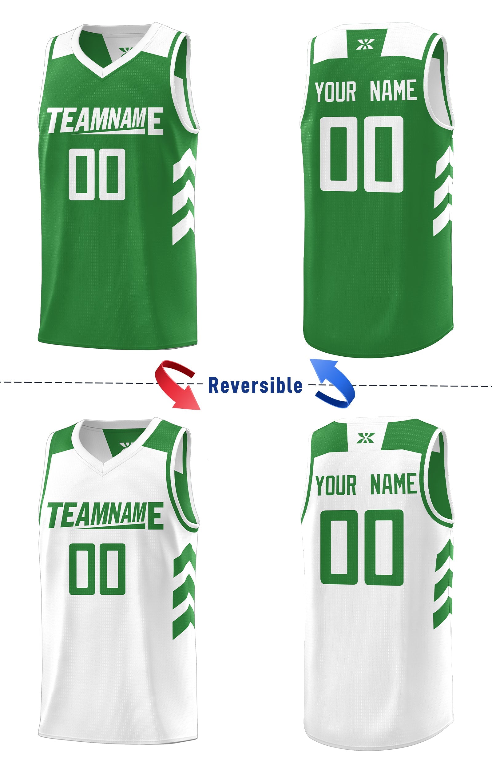 Le double côté blanc vert personnalisé définit un maillot de basket-ball personnalisé