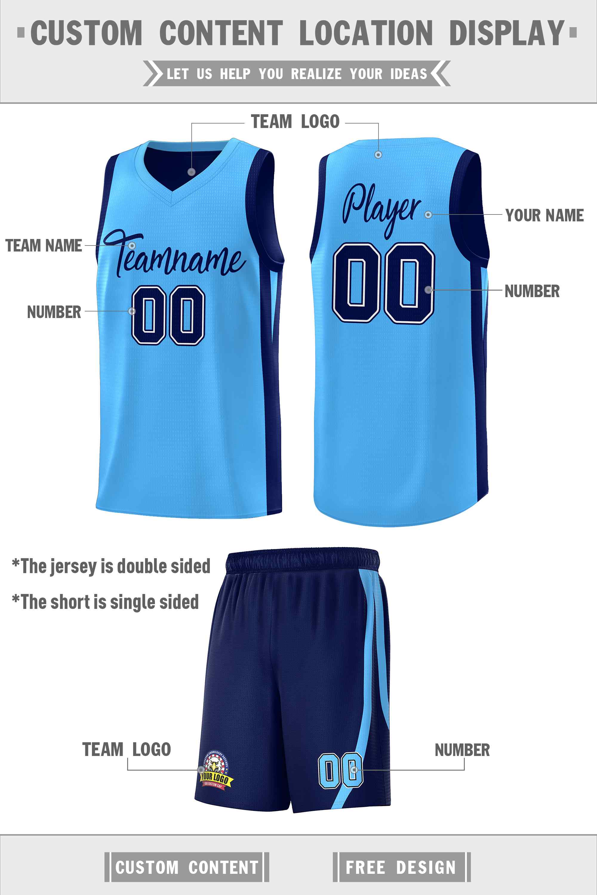 Maillot de basket-ball pour hommes, ensemble Double face bleu clair personnalisé, bleu marine