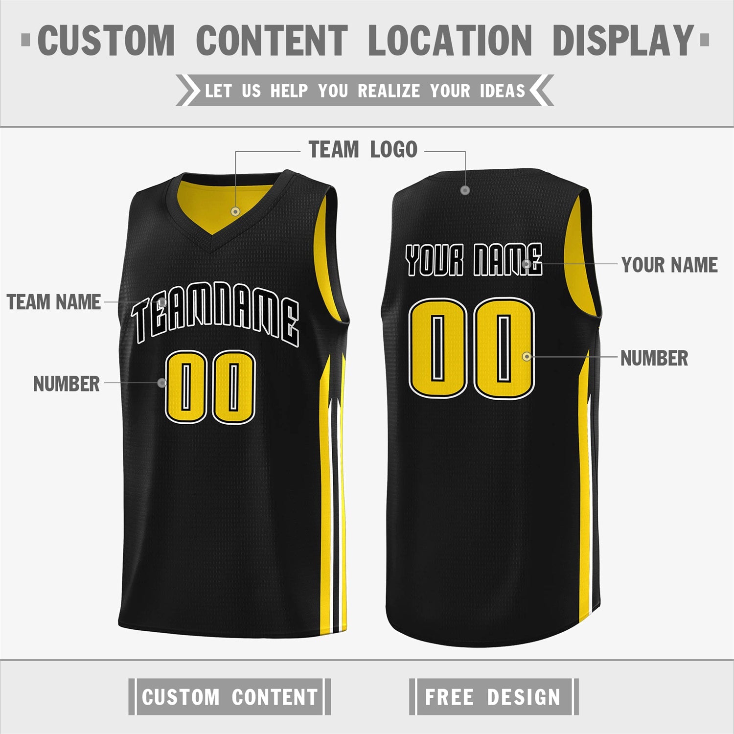 Custom Black Yellow Double Side Tops Training Basketball Jersey