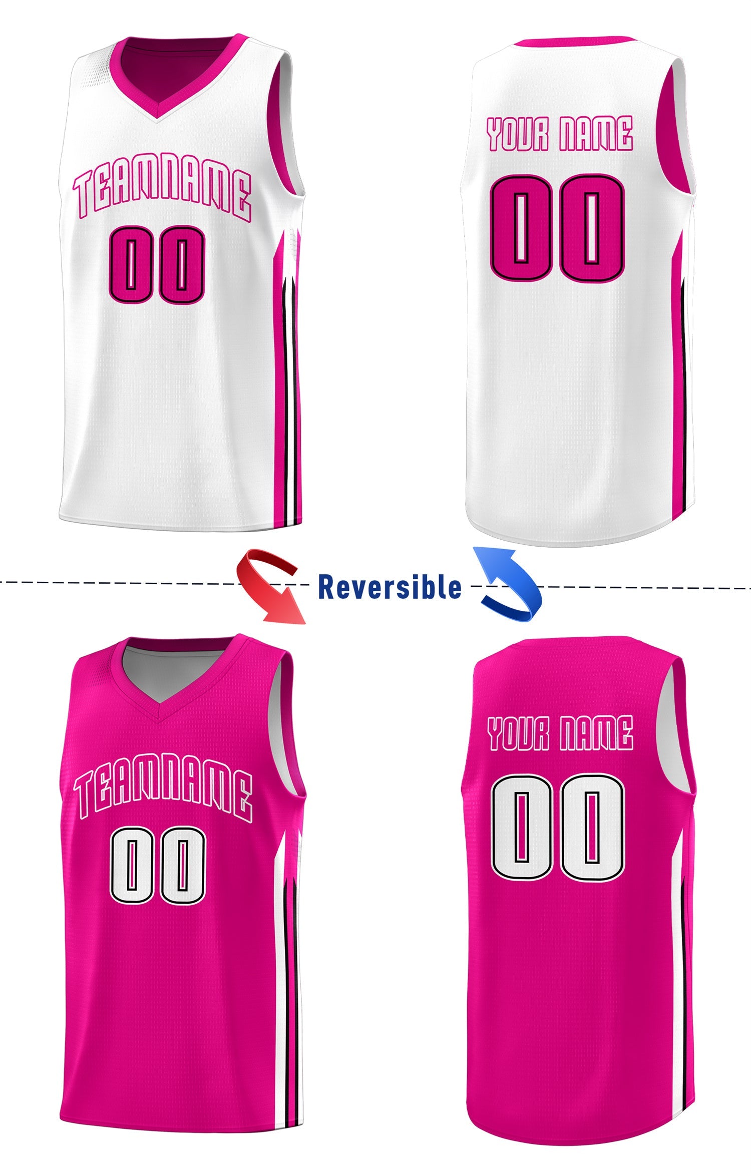 Maillot de basket-ball de sport pour hommes, personnalisé, rose et blanc, hauts double face