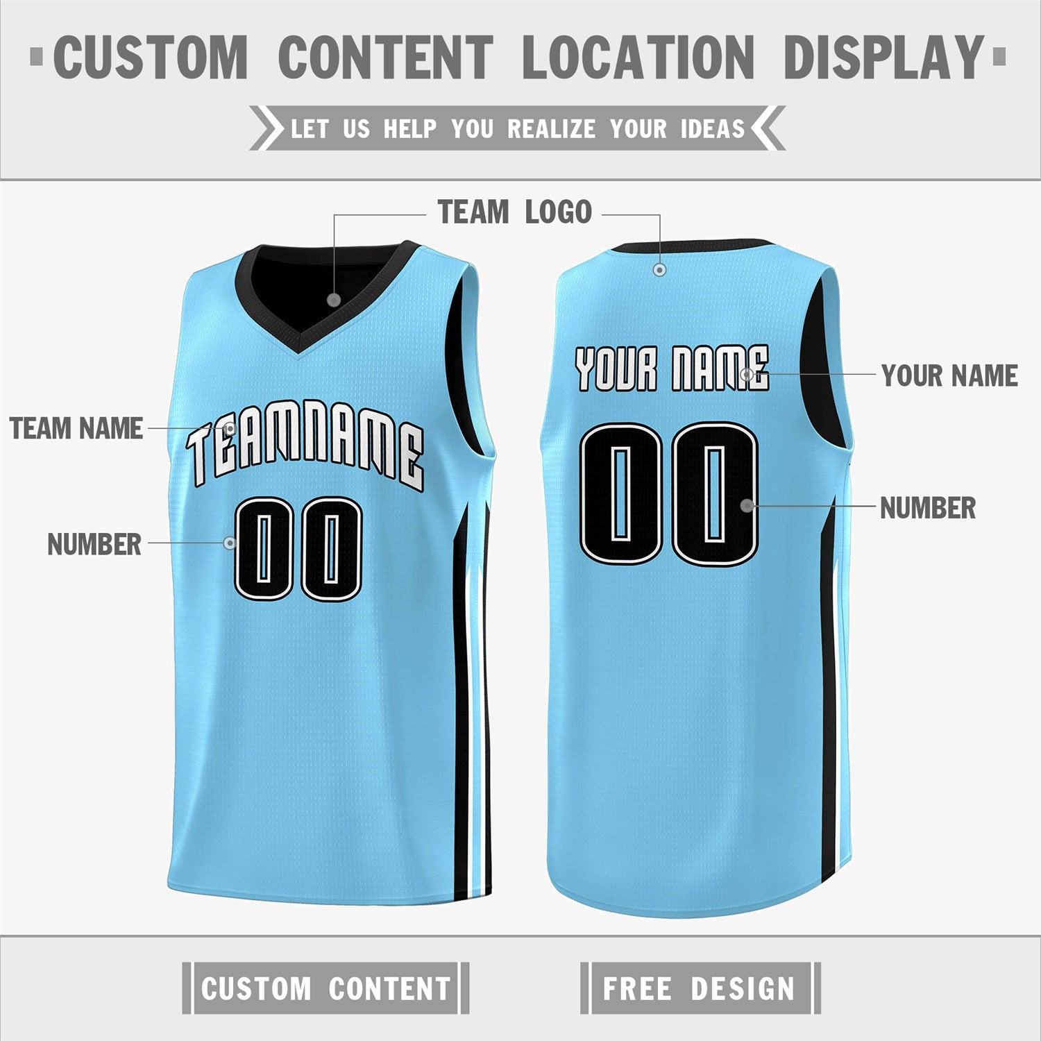 Custom Black Light Blue Double Side Tops Training Basketball Jersey