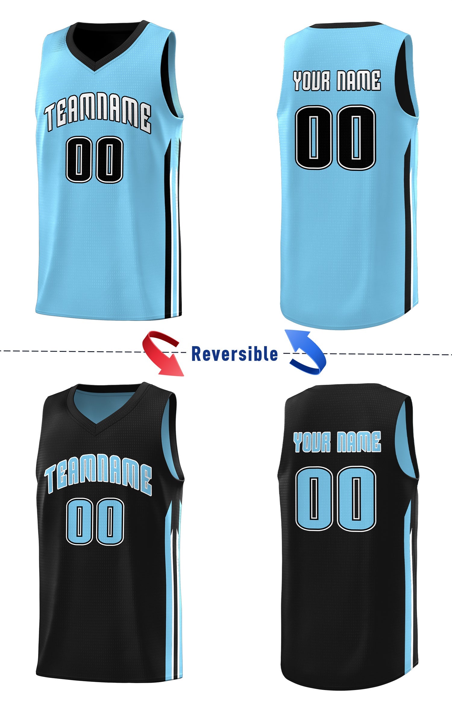 Custom Black Light Blue Double Side Tops Training Basketball Jersey