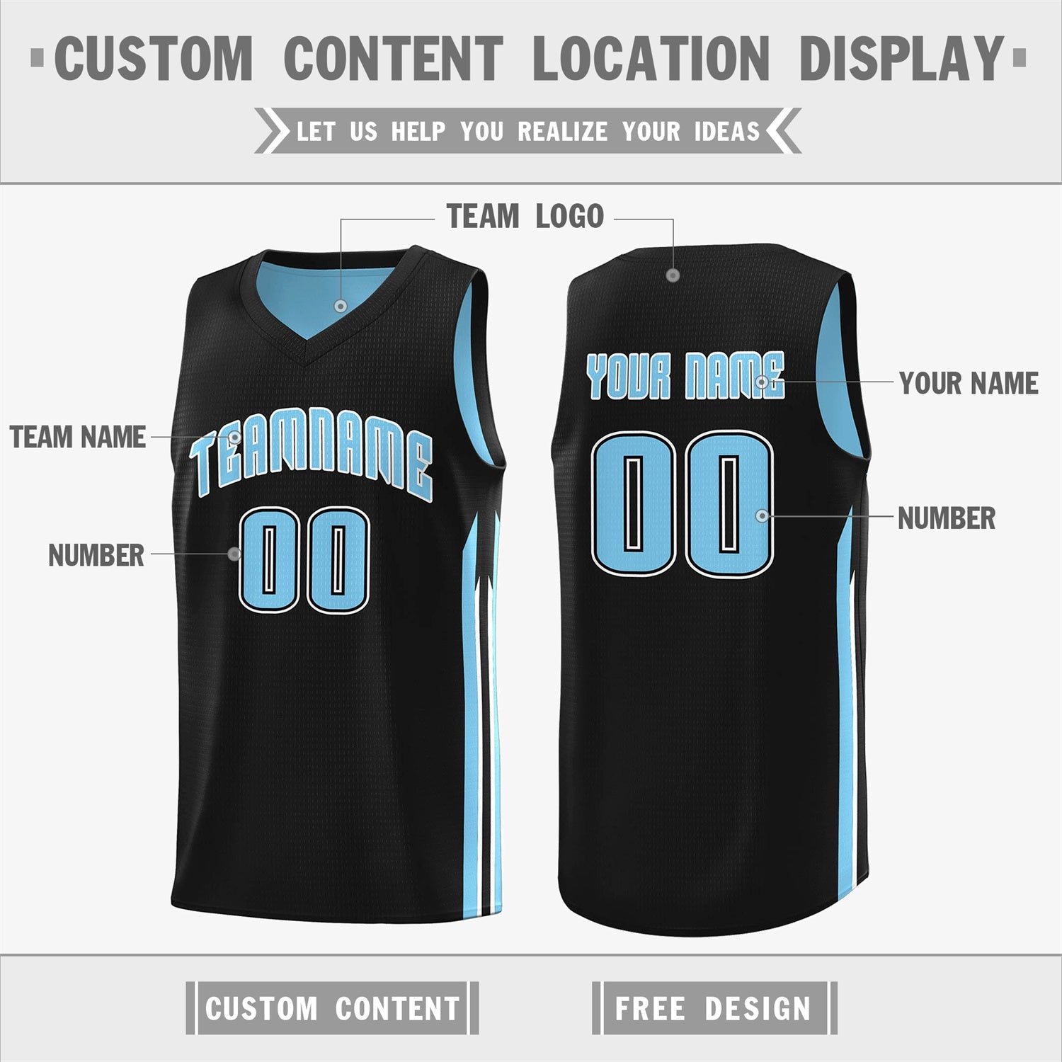 Custom Black Light Blue Double Side Tops Training Basketball Jersey