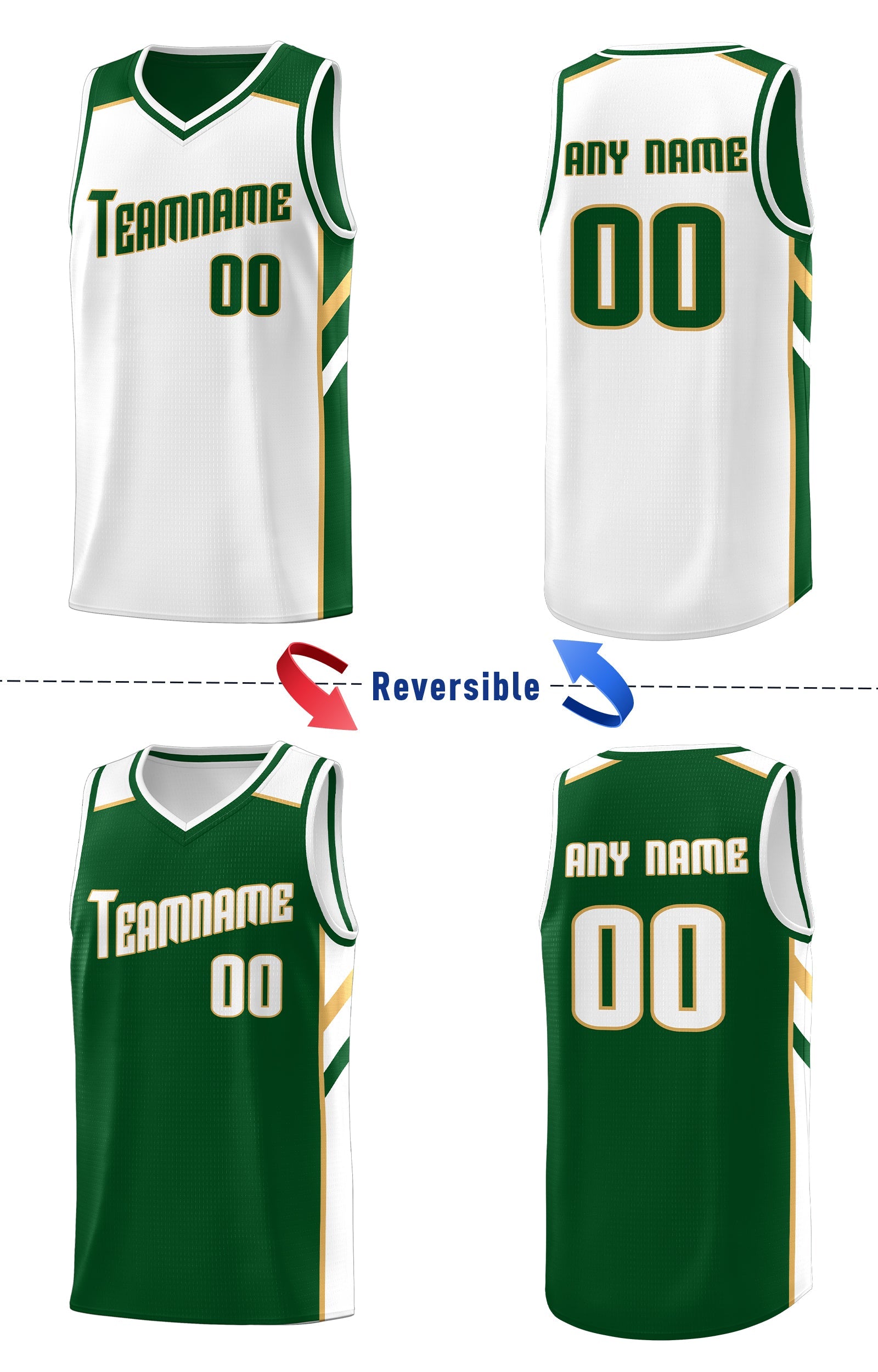 Maillot de basket-ball d'entraînement personnalisé, vert et blanc, hauts double face