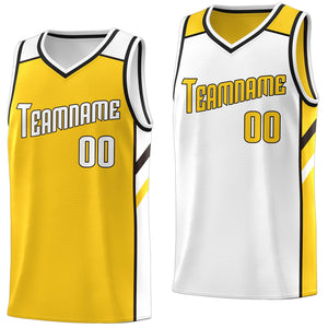 Le double côté blanc jaune fait sur commande dessus le maillot de basket-ball de sports athlétiques