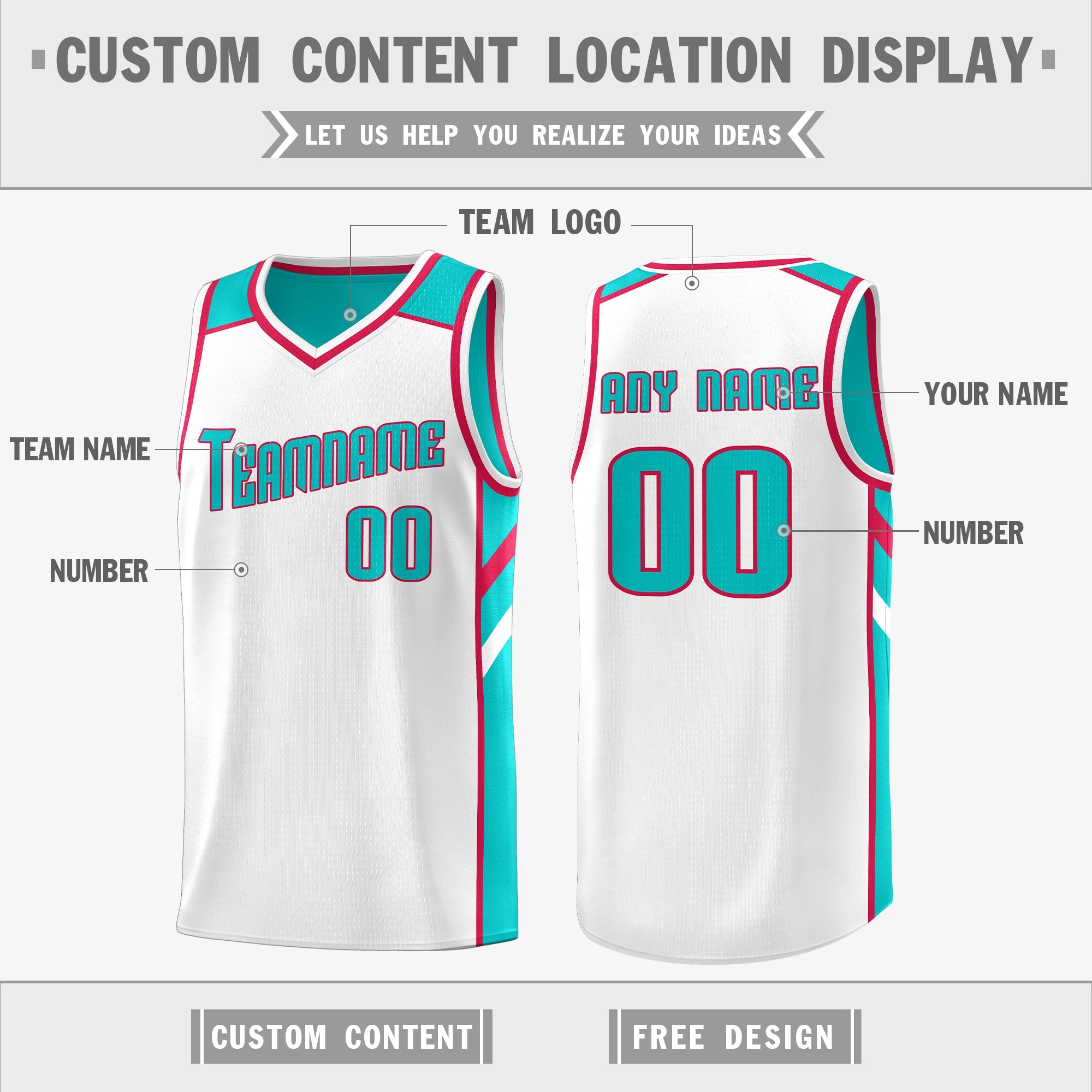 Custom Teal White Double Side Tops Athletic Sports Basketball Jersey