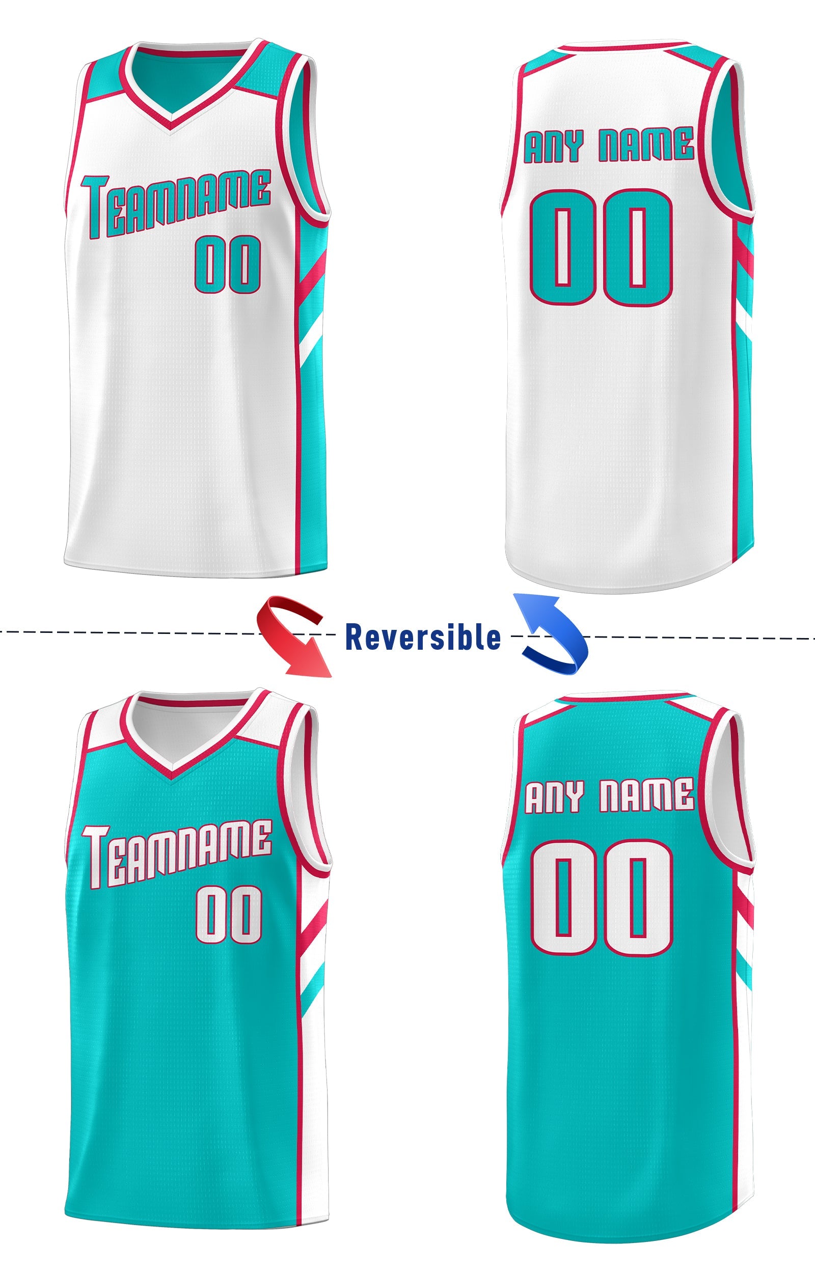 Custom Teal White Double Side Tops Athletic Sports Basketball Jersey