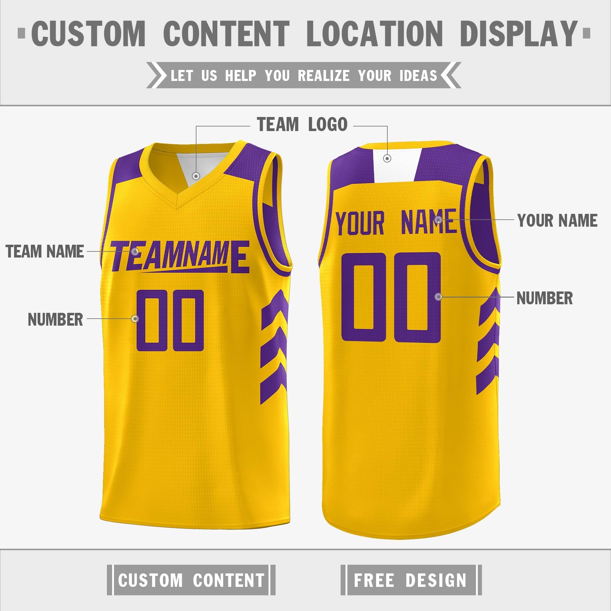 Maillot de basket-ball Double face réversible jaune violet personnalisé