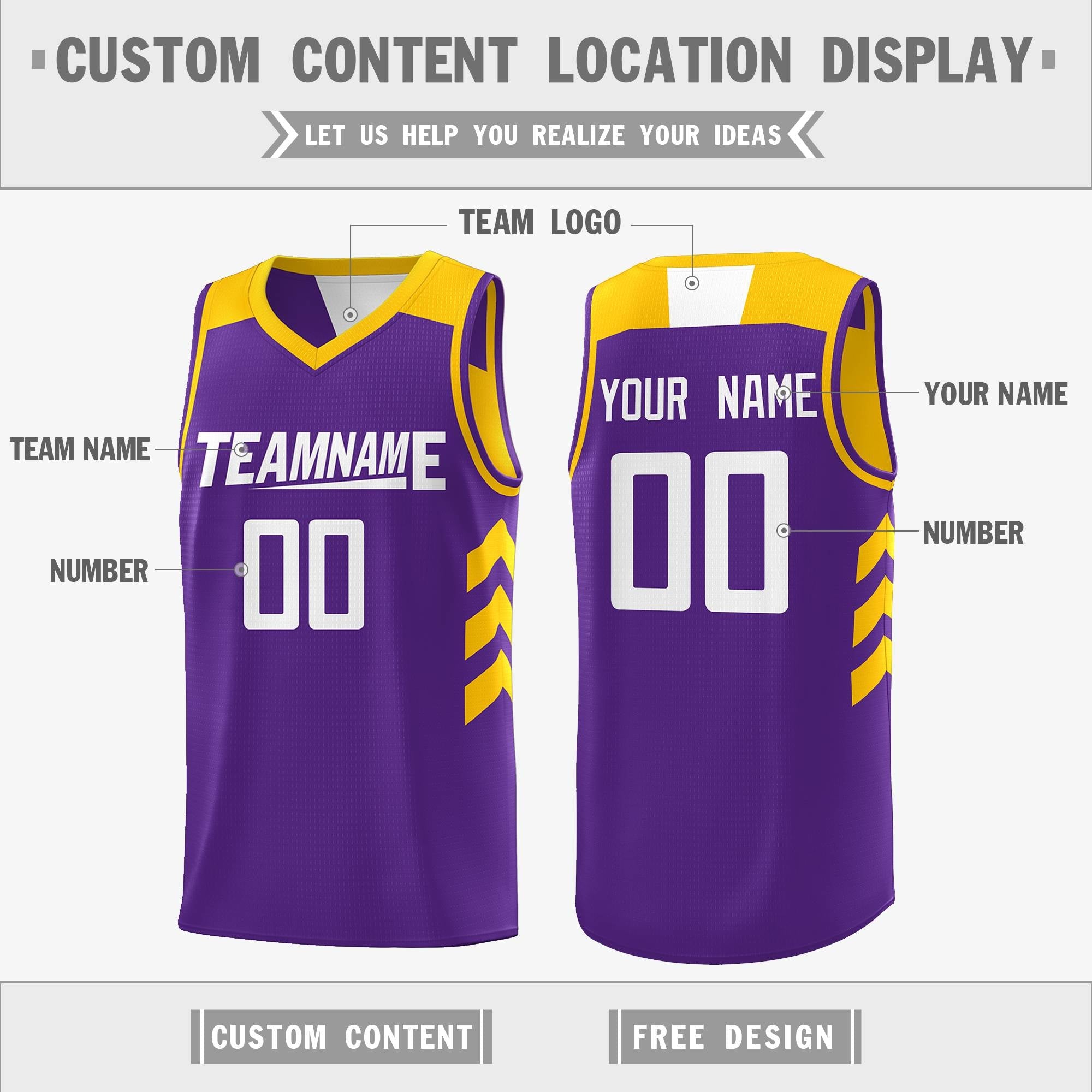 Custom Purple Yellow Reversible Double Side Tops Basketball Jersey