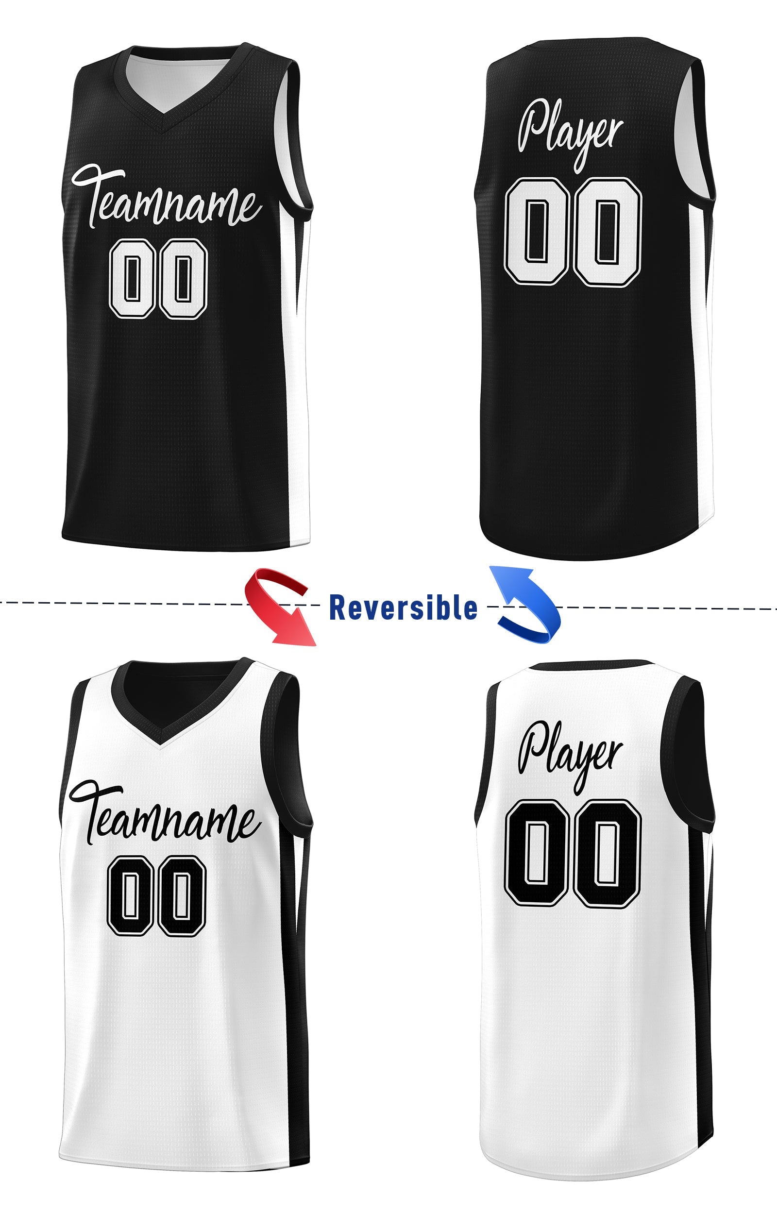 Maillot de basket-ball personnalisé noir blanc double face