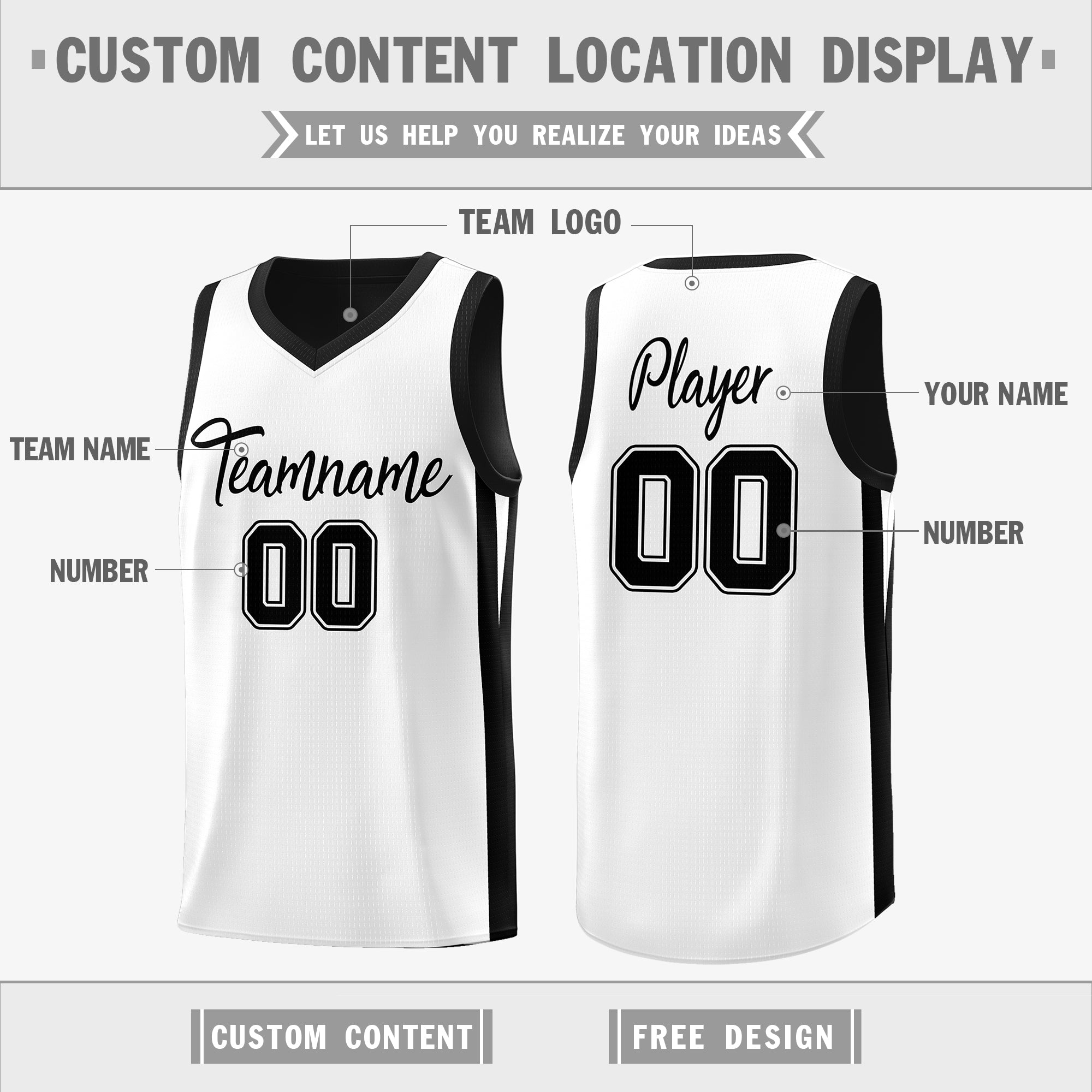 Maillot de basket-ball personnalisé noir blanc double face