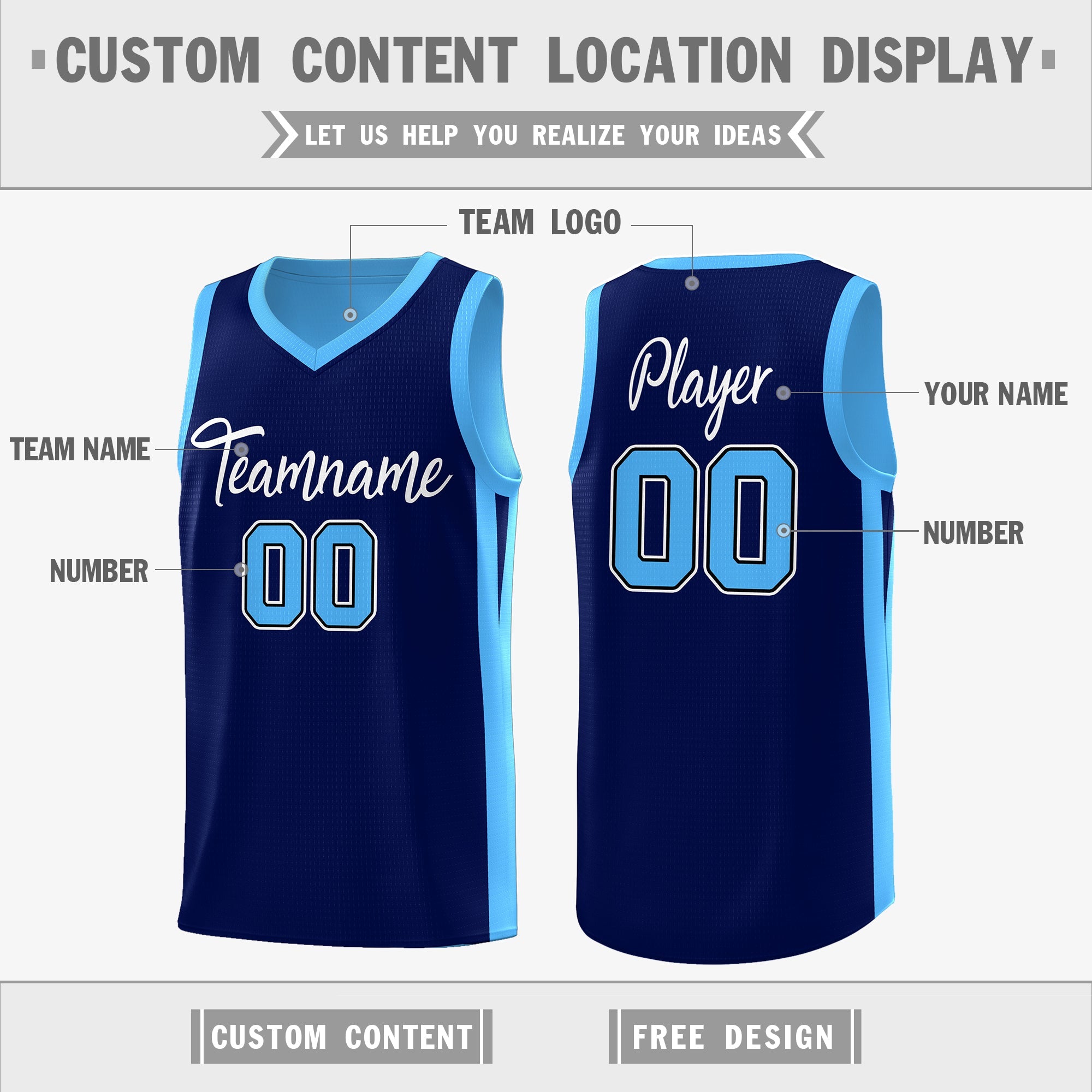 Maillot de basket-ball personnalisé bleu marine double face