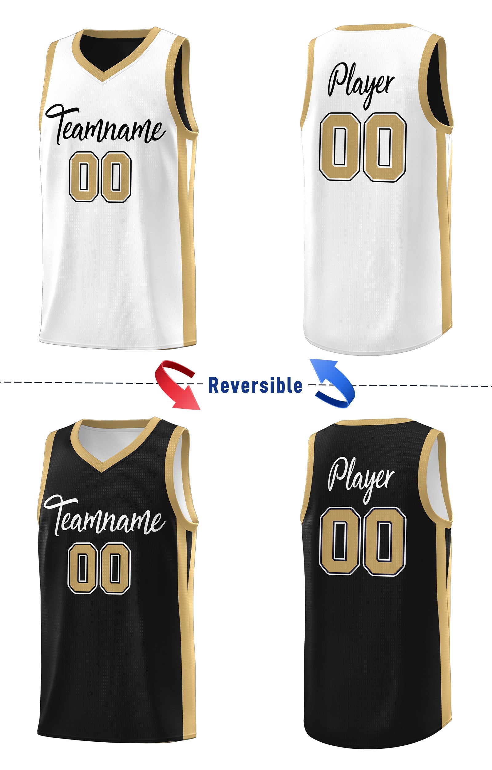 Maillot de basket-ball personnalisé noir blanc-jaune Double face