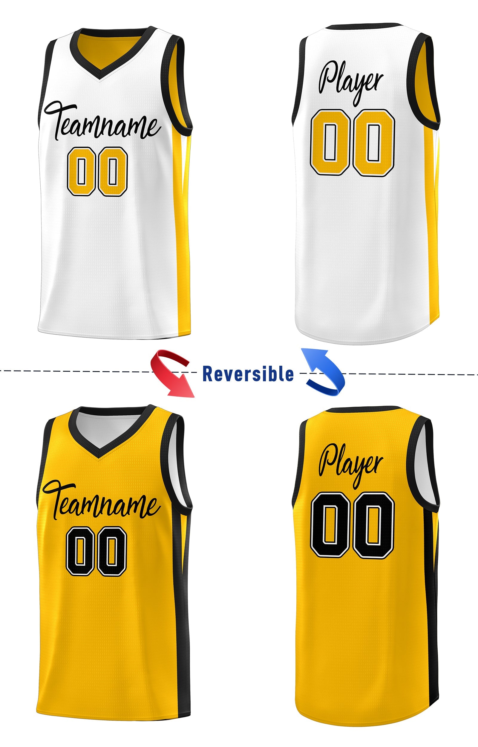 Maillot de basket-ball personnalisé jaune blanc double face