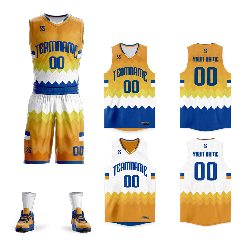 Maillot de basket-ball personnalisé jaune blanc-marine, ensembles Double face, vêtements de sport