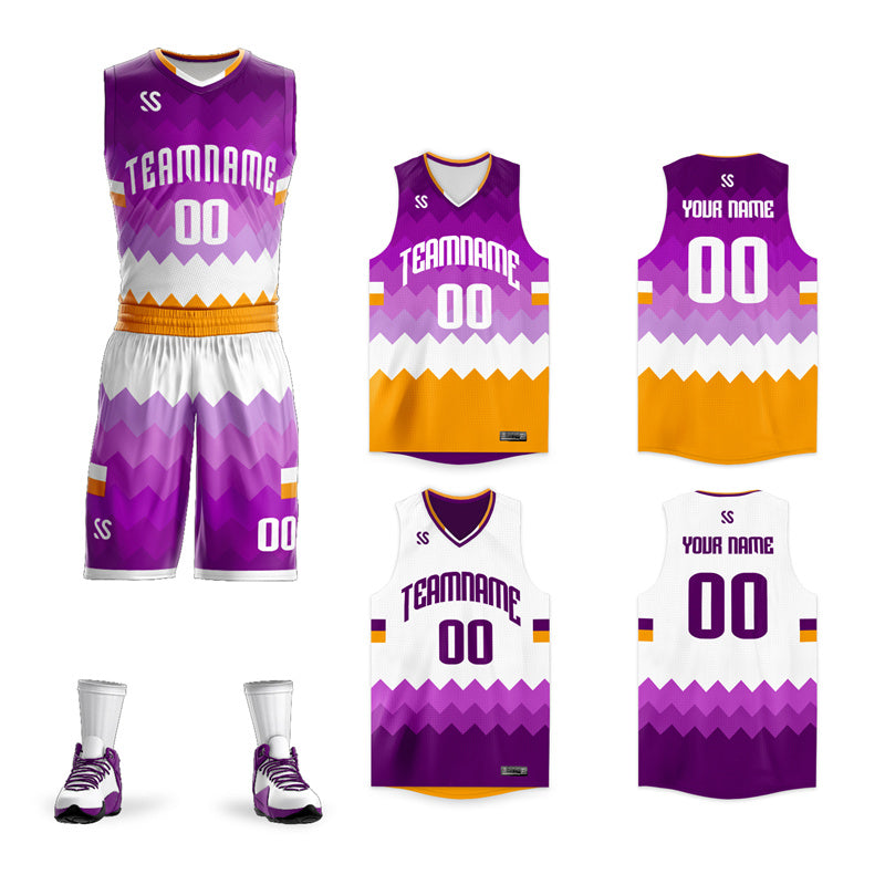 Maillot de basket-ball personnalisé violet jaune-blanc, ensembles double face, vêtements de sport