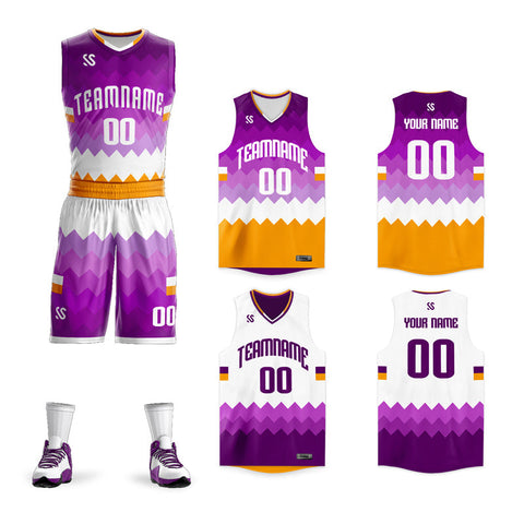 Custom Purple Yellow-White Double Side Sets Sportswear Basketball Jersey