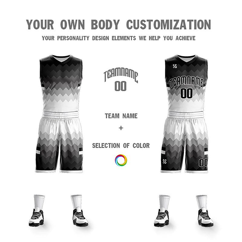 Custom Black White-Gray Round Neck Sublimation Basketball Suit