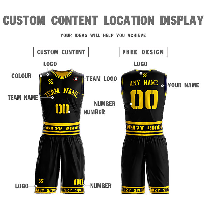 Le double côté jaune noir fait sur commande place le maillot de basket-ball de vêtements de sport