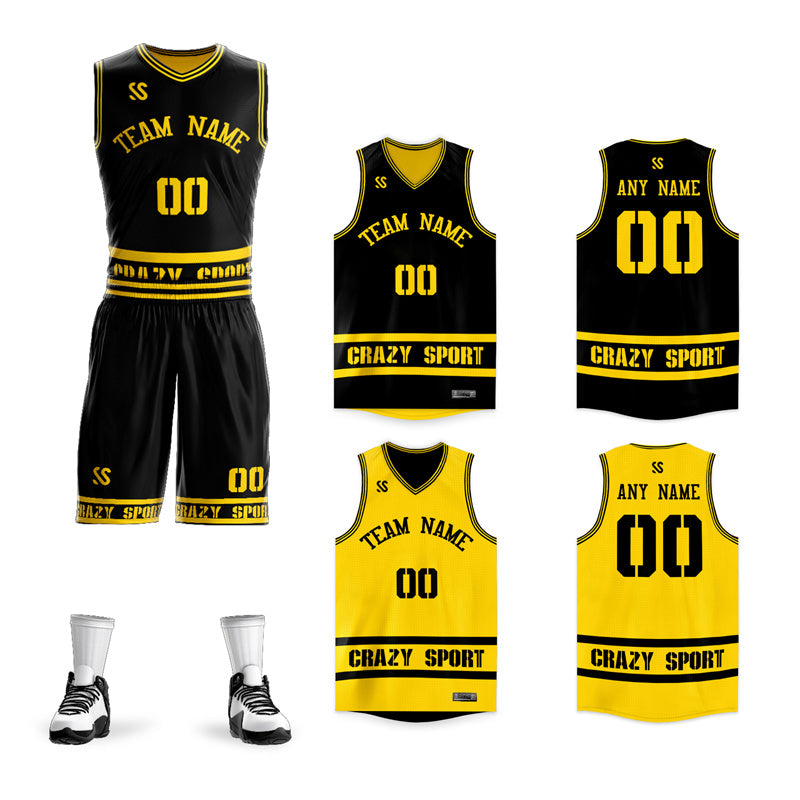 Le double côté jaune noir fait sur commande place le maillot de basket-ball de vêtements de sport