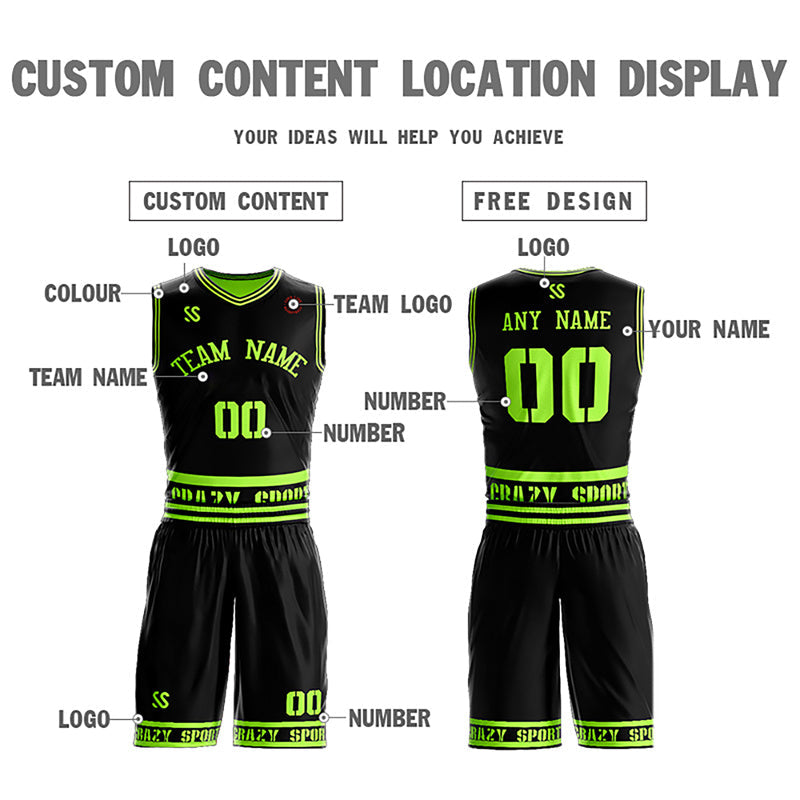 Custom Black Neon Green White Double Side Sets Sportswear Basketball Jersey