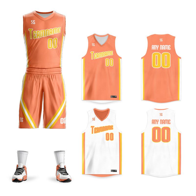 Maillot de basket-ball de conception d'ensembles doubles blancs orange personnalisés