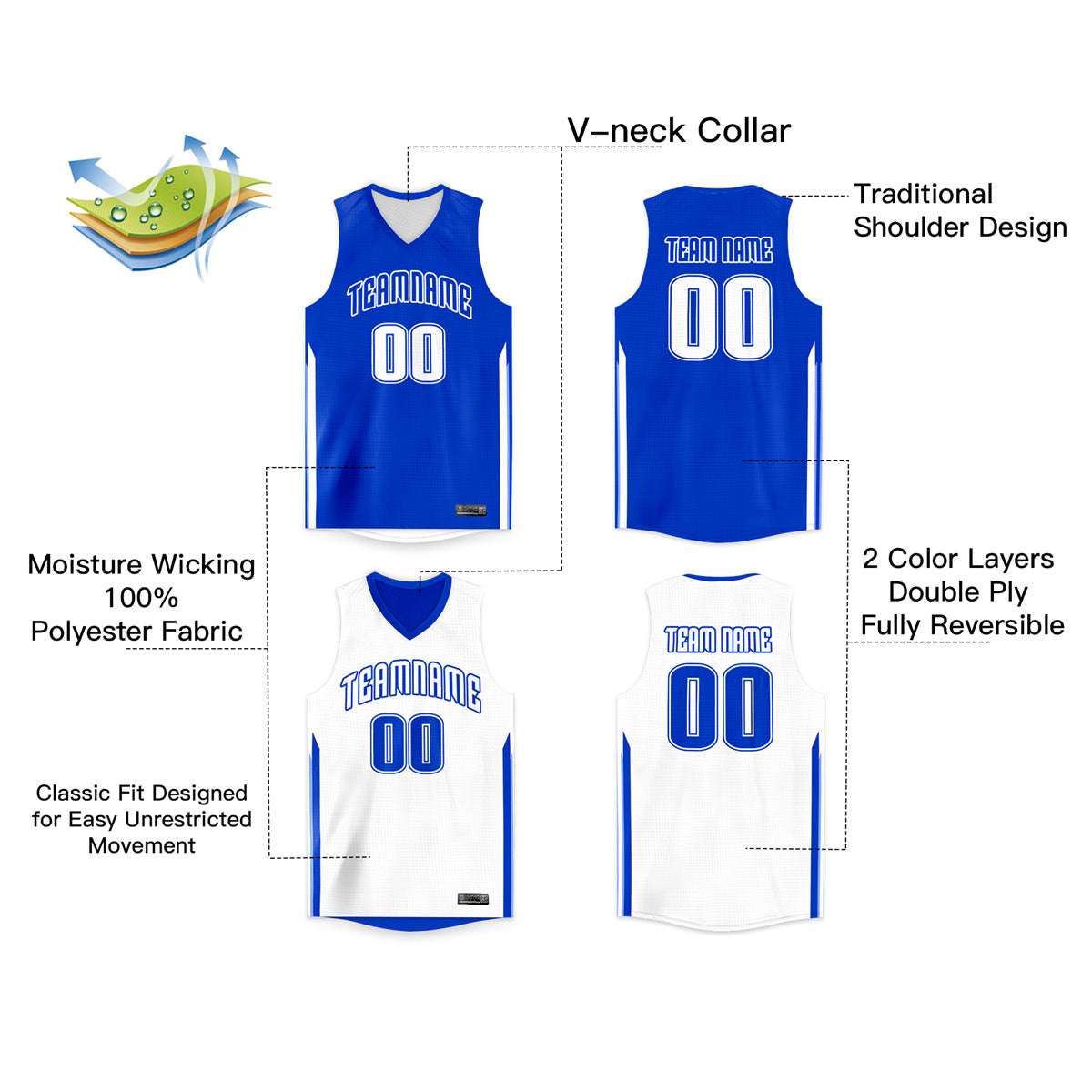 royal and white reversible basketball jersey