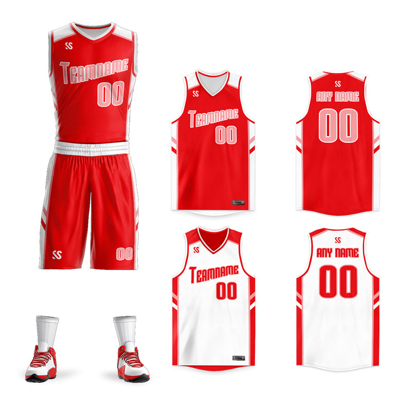 Le double côté blanc rouge fait sur commande place le maillot de basket-ball d'hommes de vêtements de sport