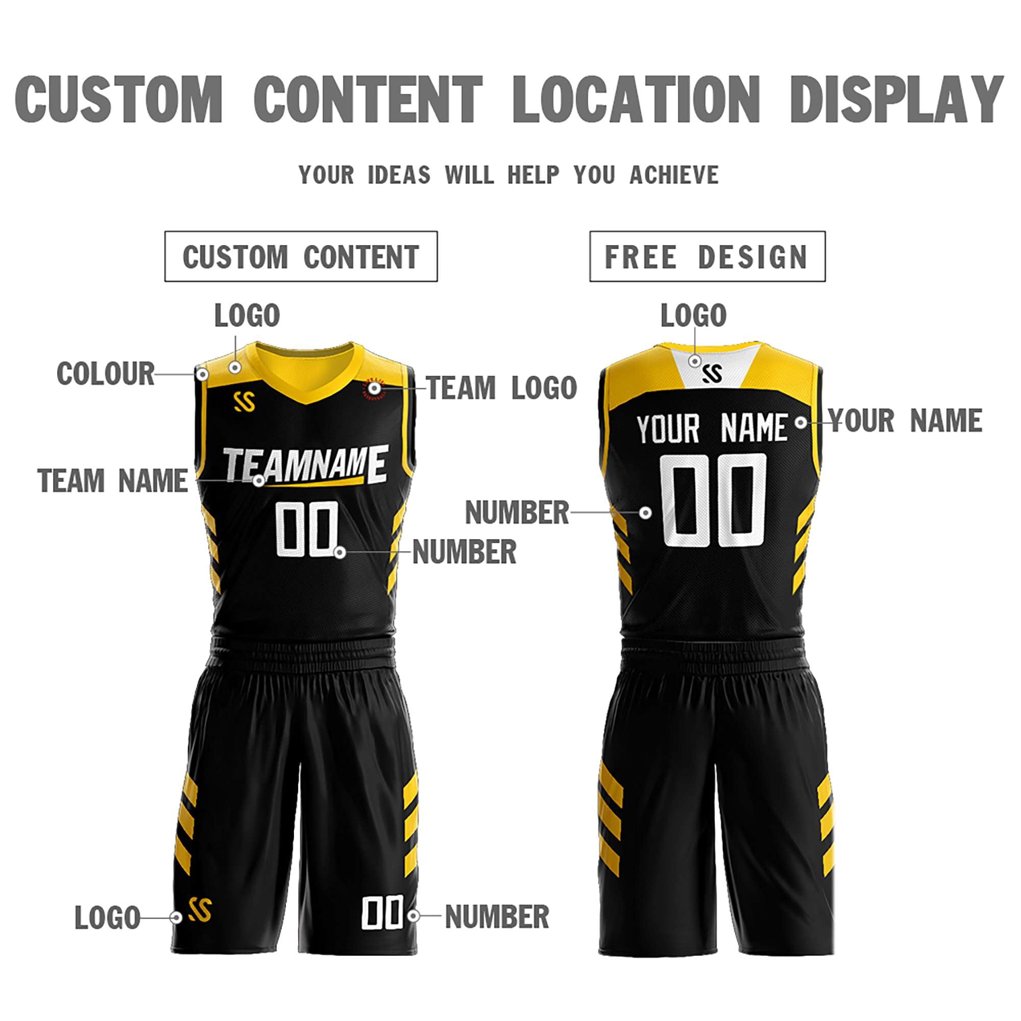 Custom Black Yellow Double Side Sets Design Sportswear Basketball Jersey