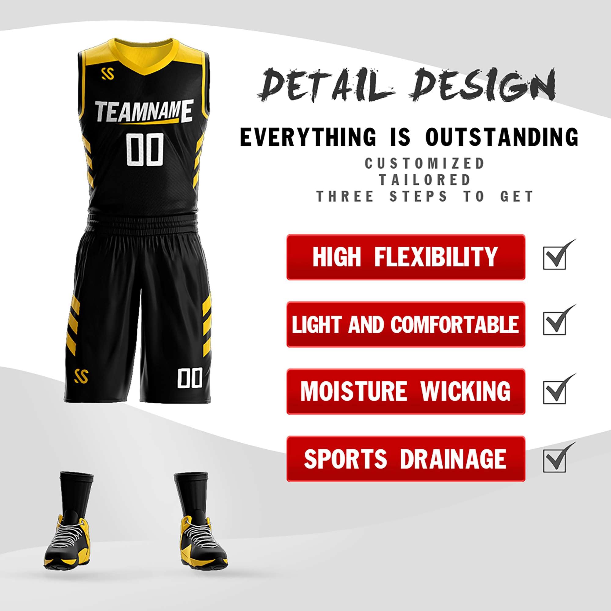 Le double côté jaune noir fait sur commande place le maillot de basket-ball de vêtements de sport de conception