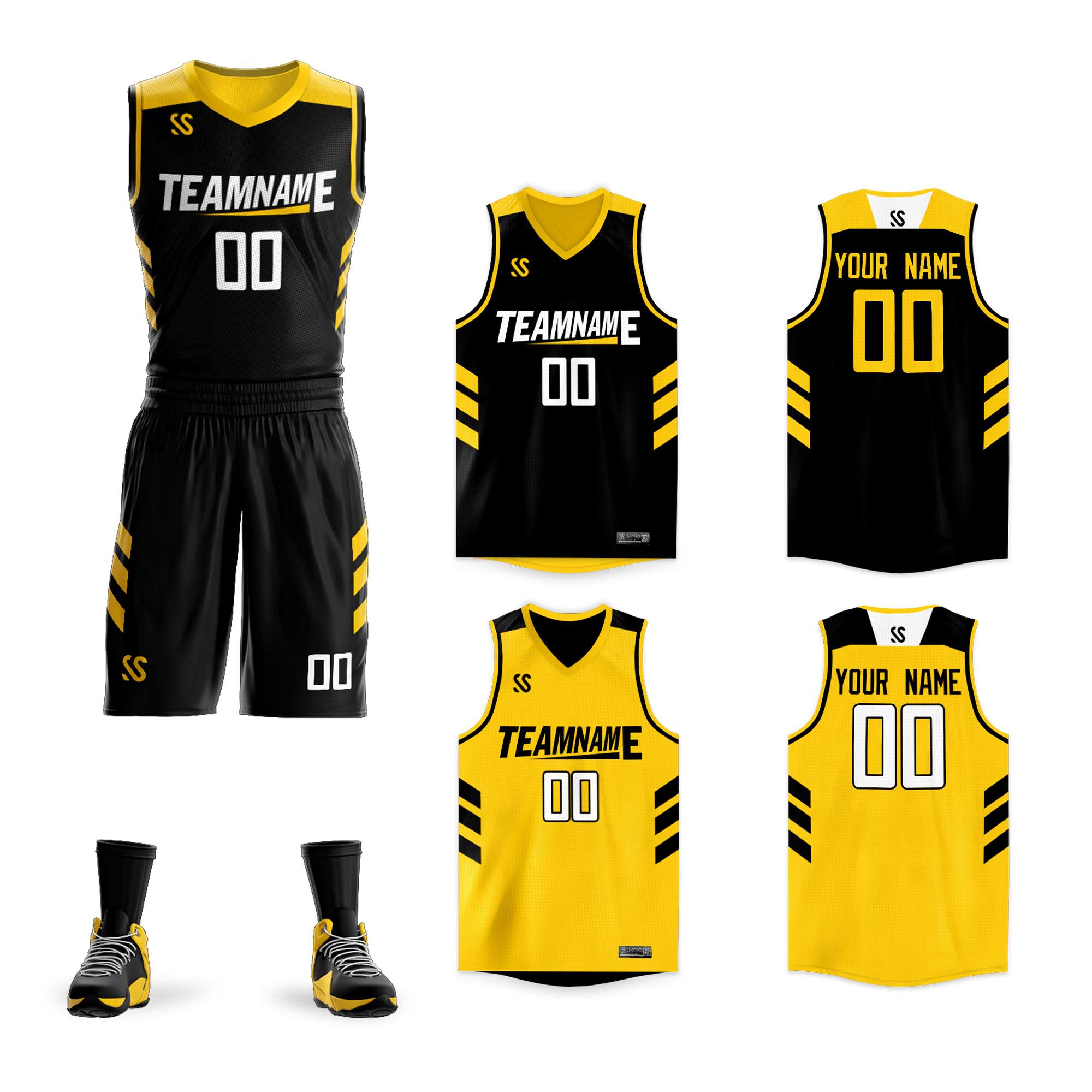 Le double côté jaune noir fait sur commande place le maillot de basket-ball de vêtements de sport de conception