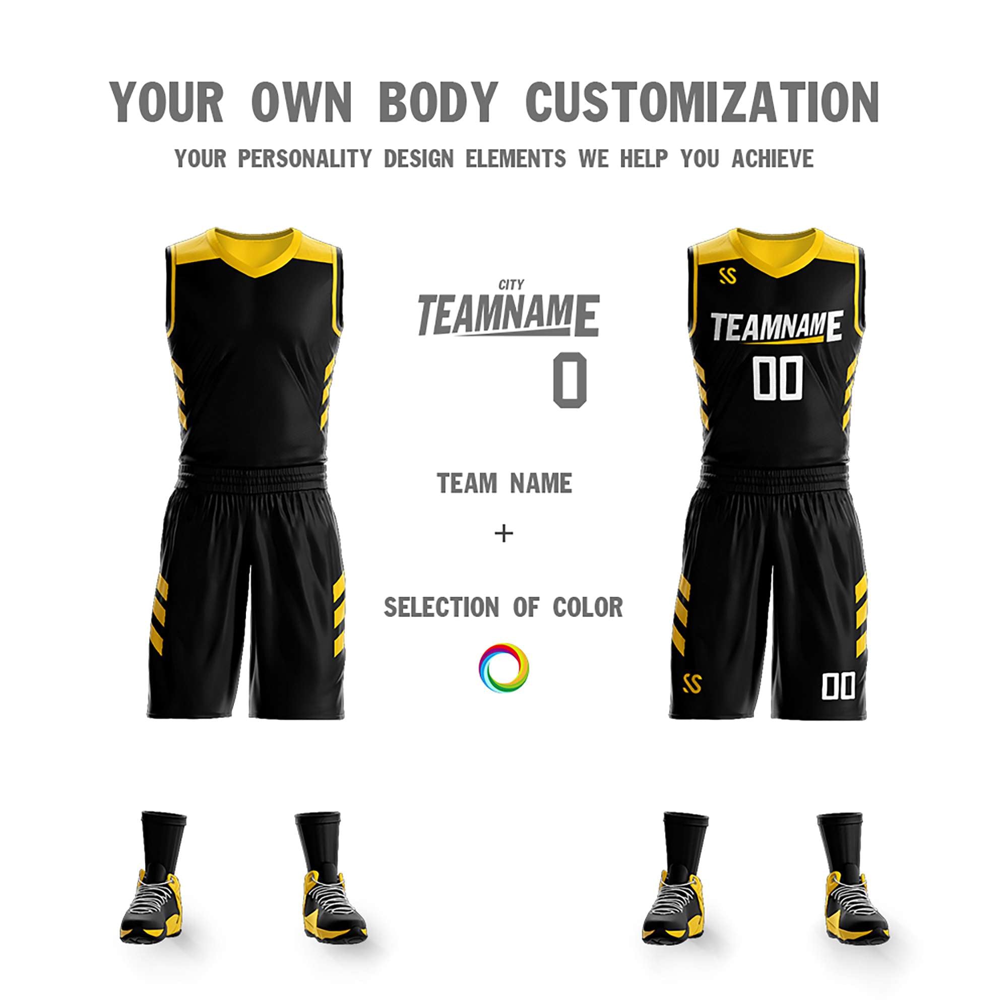 Le double côté jaune noir fait sur commande place le maillot de basket-ball de vêtements de sport de conception