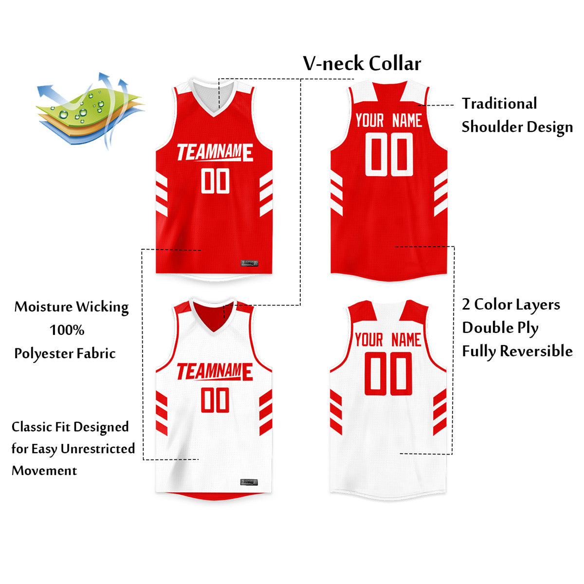 Maillot de basket-ball personnalisé blanc rouge double face