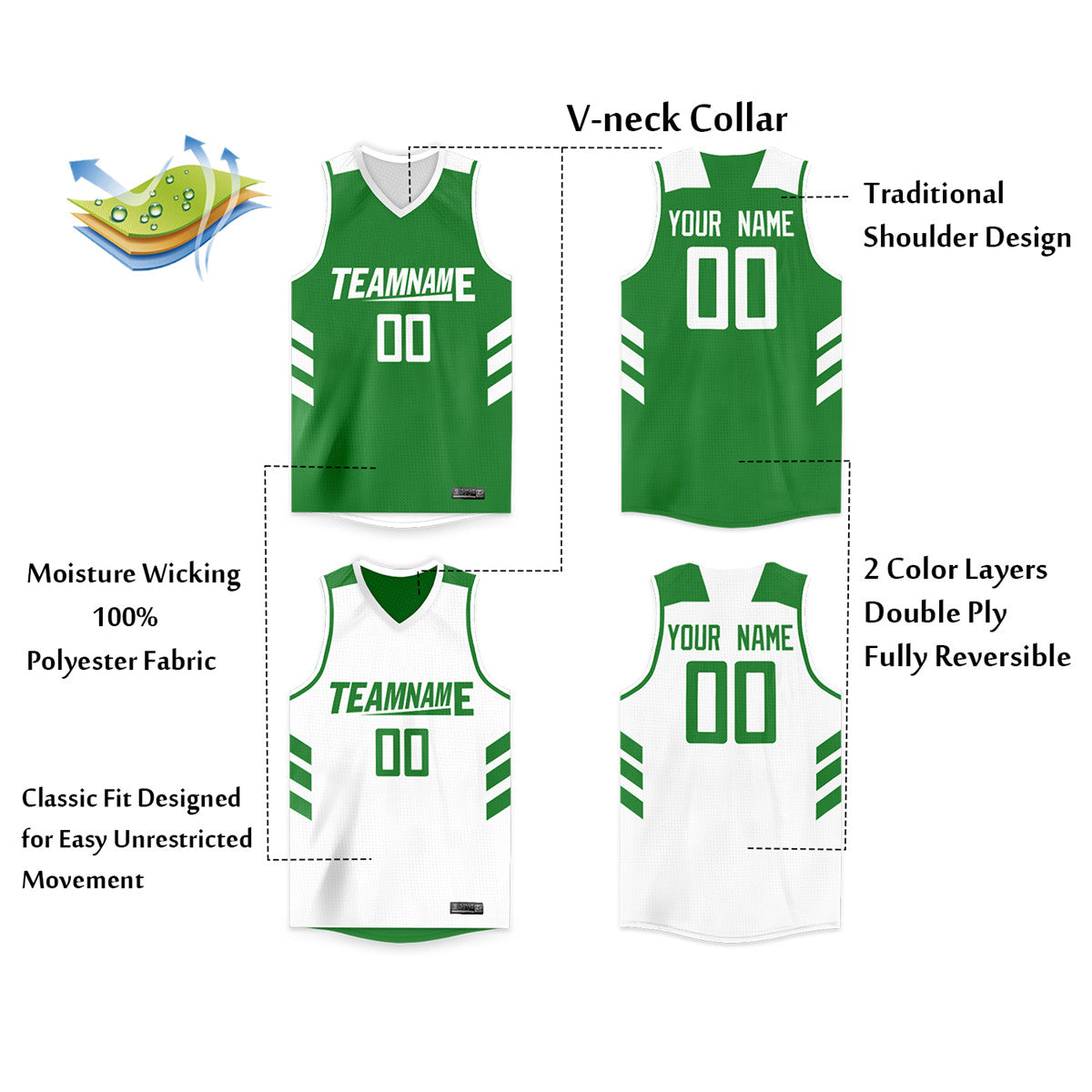 Custom Green White Double Side Tops Men Basketball Jersey