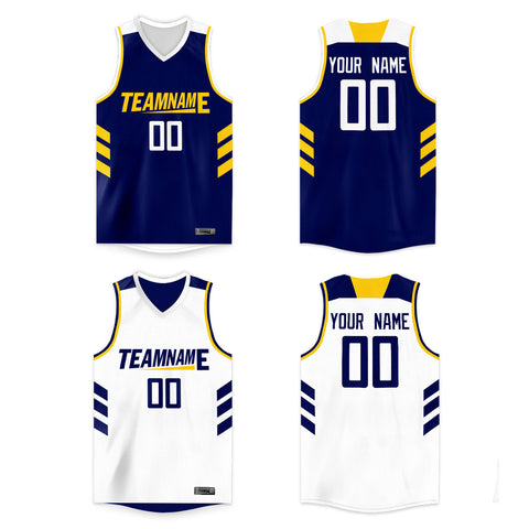 Custom White Navy-Yellow Double Side Tops Men/Boy Basketball Jersey