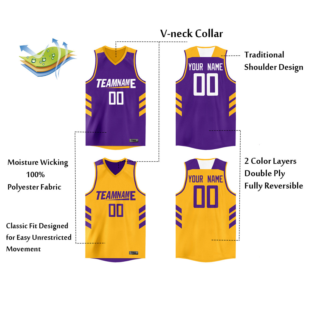 Custom Purple Yellow Double Side Tops Men/Boy Basketball Jersey