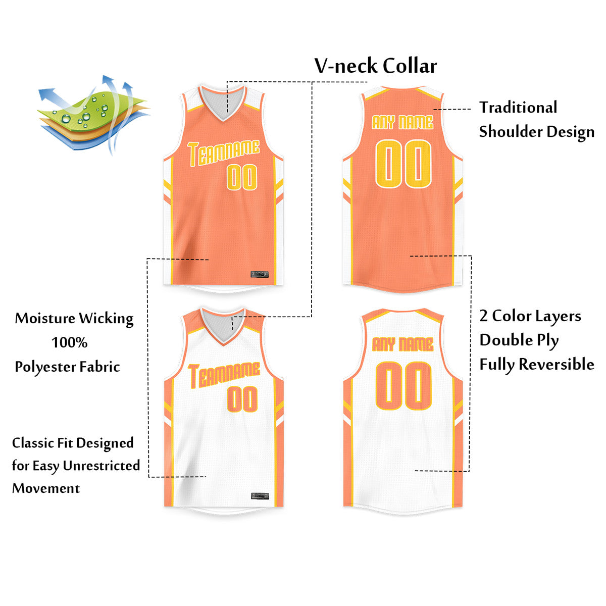 Maillot de basket-ball personnalisé Orange blanc Double face pour hommes/garçon