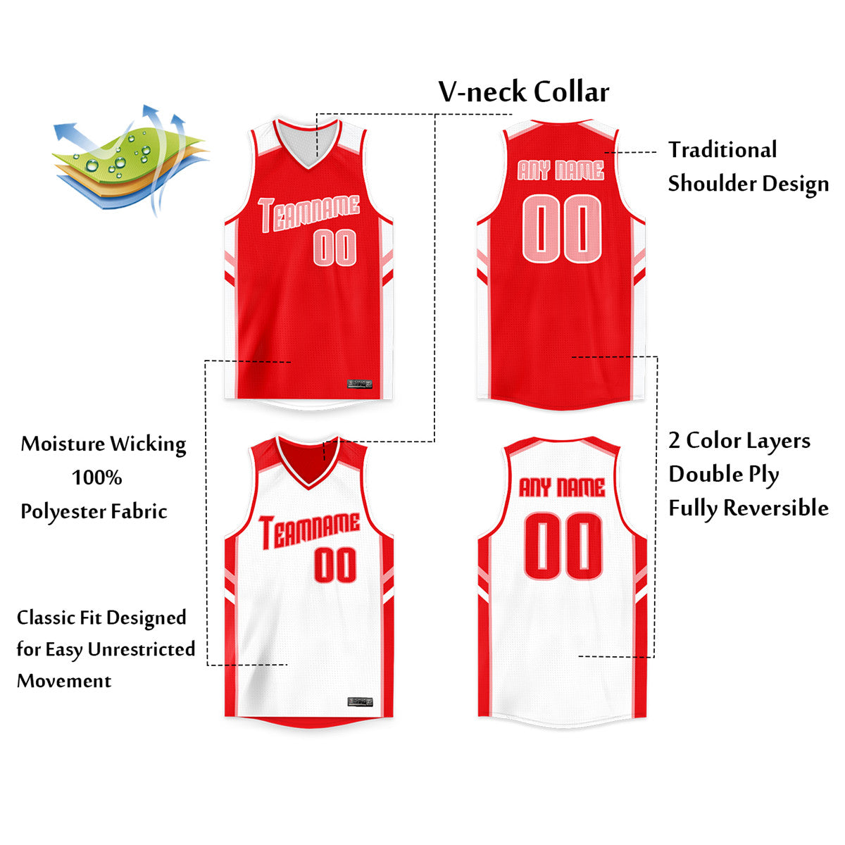 Maillot de basket-ball personnalisé à double face rouge et blanc