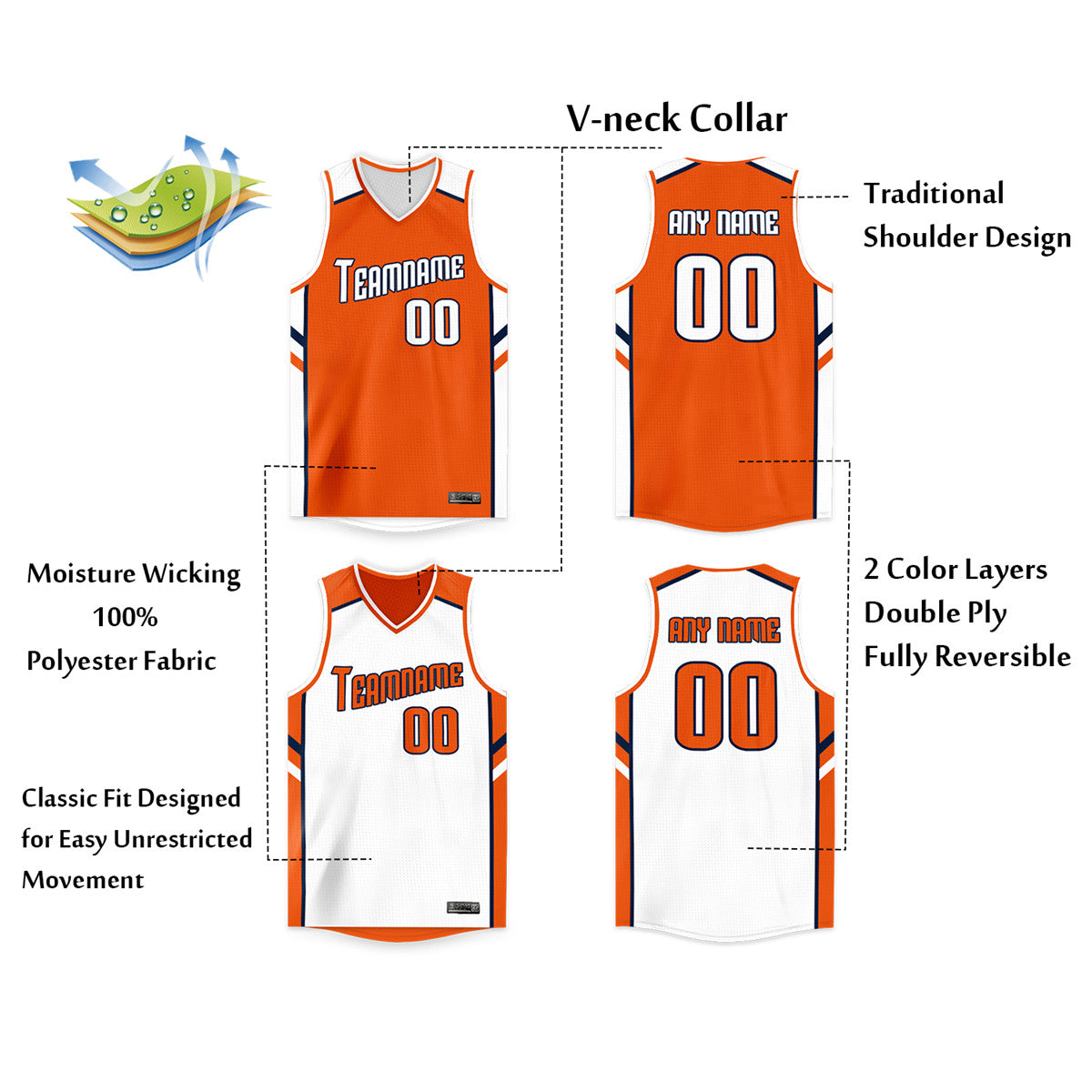 Maillot de basket-ball personnalisé à double face orange et blanc