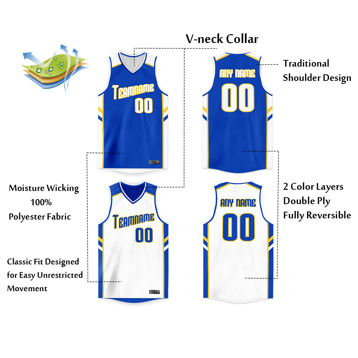 Custom Royal Blue-White Double Side Tops Basketball Jersey