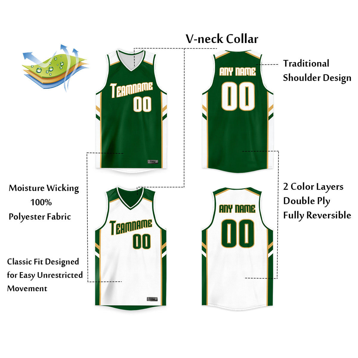 Custom Green White Double Side Tops Men/Boy Basketball Jersey