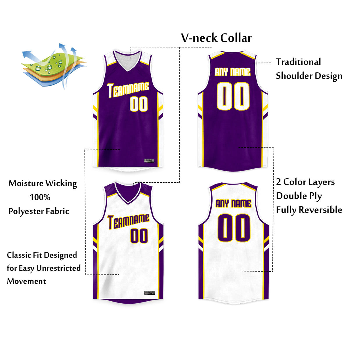 Custom Purple White-Orange Double Side Tops Men/Boy Basketball Jersey